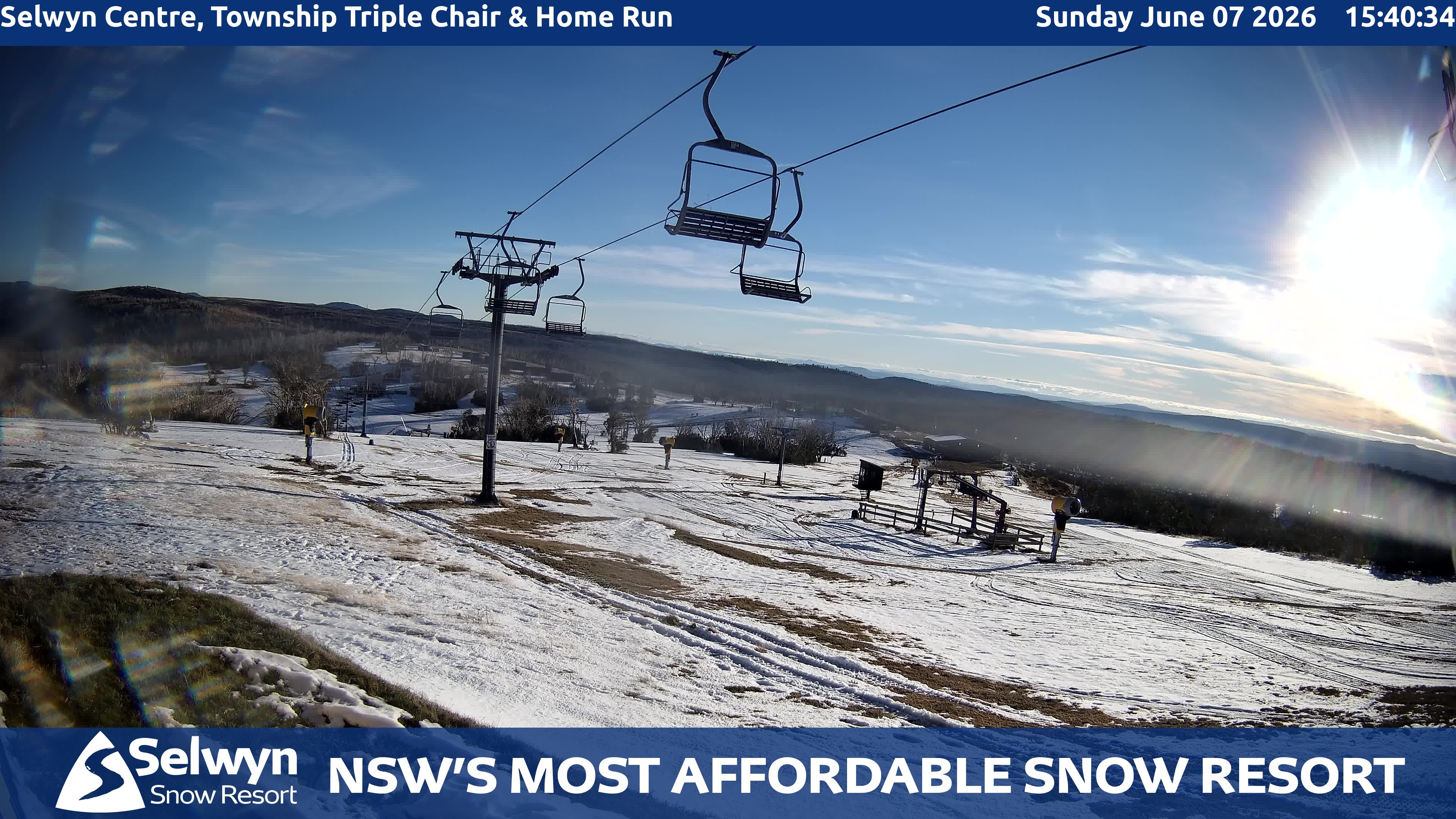 Selwyn Snow Resort Selwyn Centre, Township Triple Chair and Home Run snow cam captured at 7 June 2026, 5:42 am