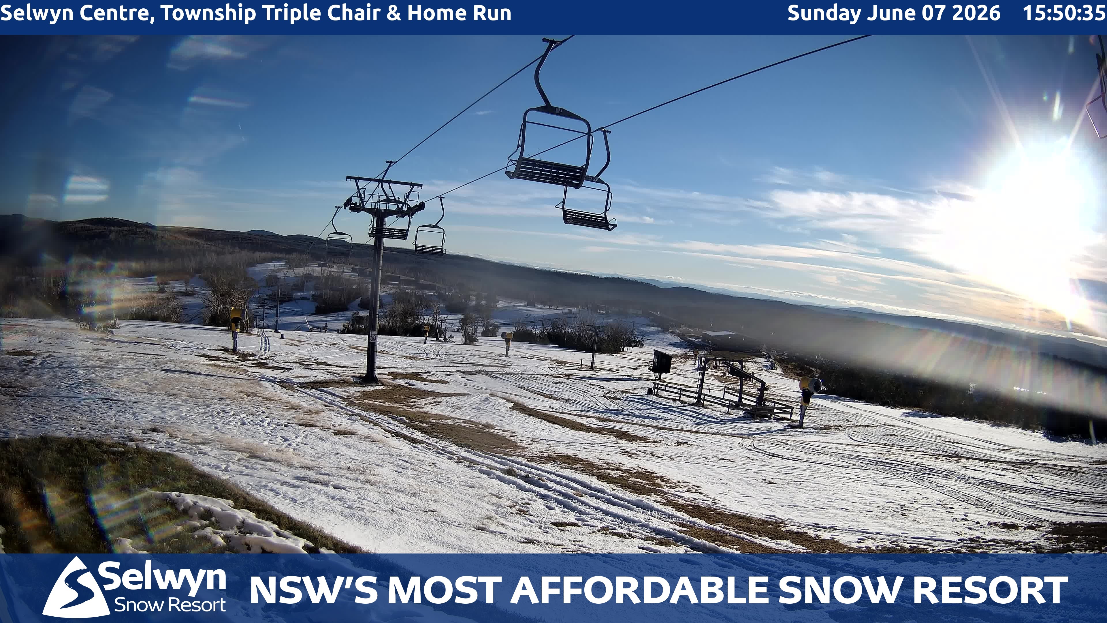 Selwyn Snow Resort Selwyn Centre, Township Triple Chair and Home Run snow cam captured at 7 June 2026, 5:53 am
