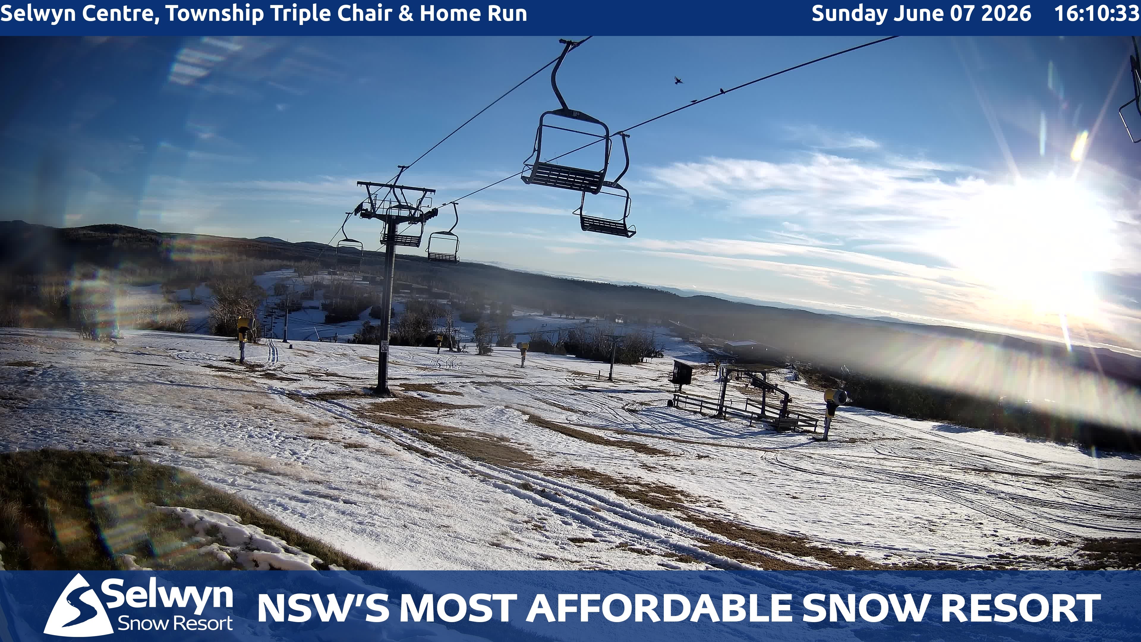 Selwyn Snow Resort Selwyn Centre, Township Triple Chair and Home Run snow cam captured at 7 June 2026, 6:15 am