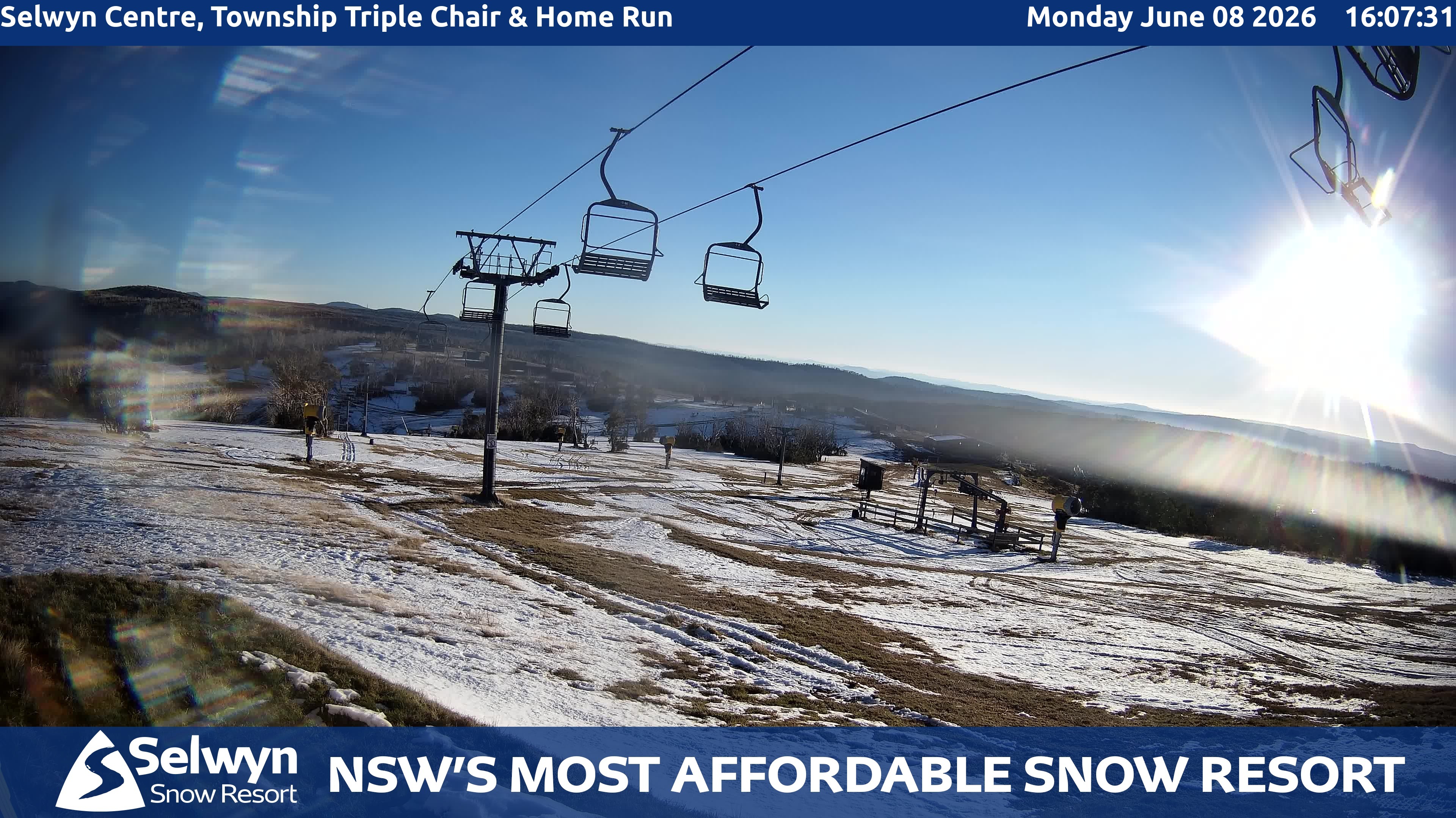 Selwyn Snow Resort Selwyn Centre, Township Triple Chair and Home Run snow cam captured at 8 June 2026, 6:08 am