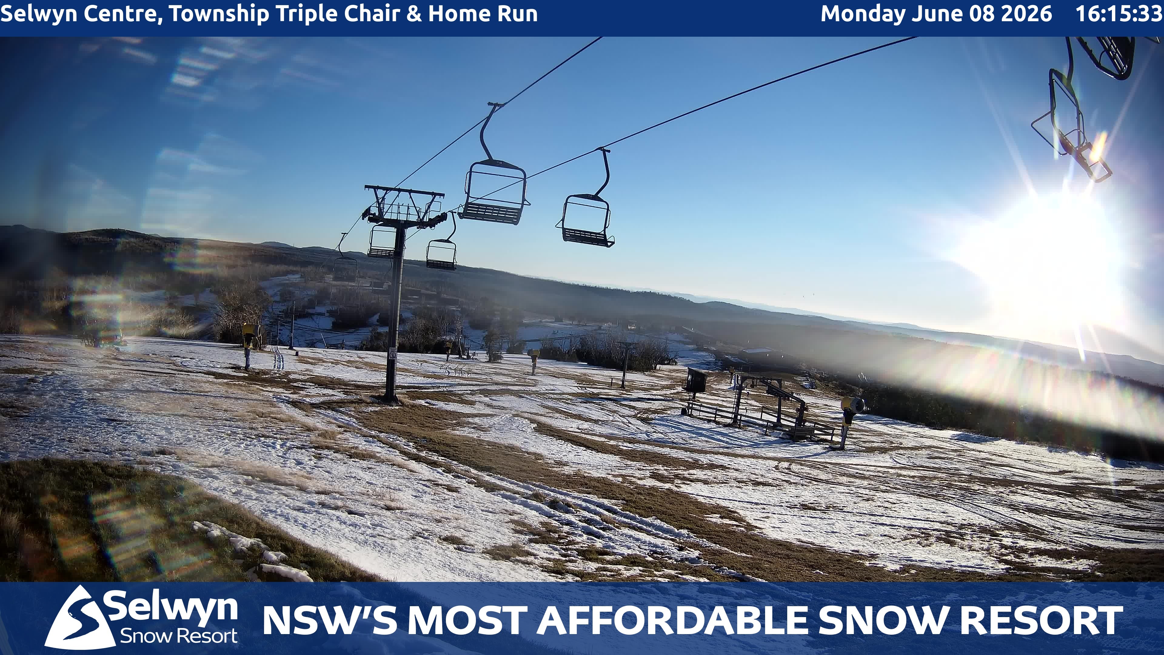 Selwyn Snow Resort Selwyn Centre, Township Triple Chair and Home Run snow cam captured at 8 June 2026, 6:19 am