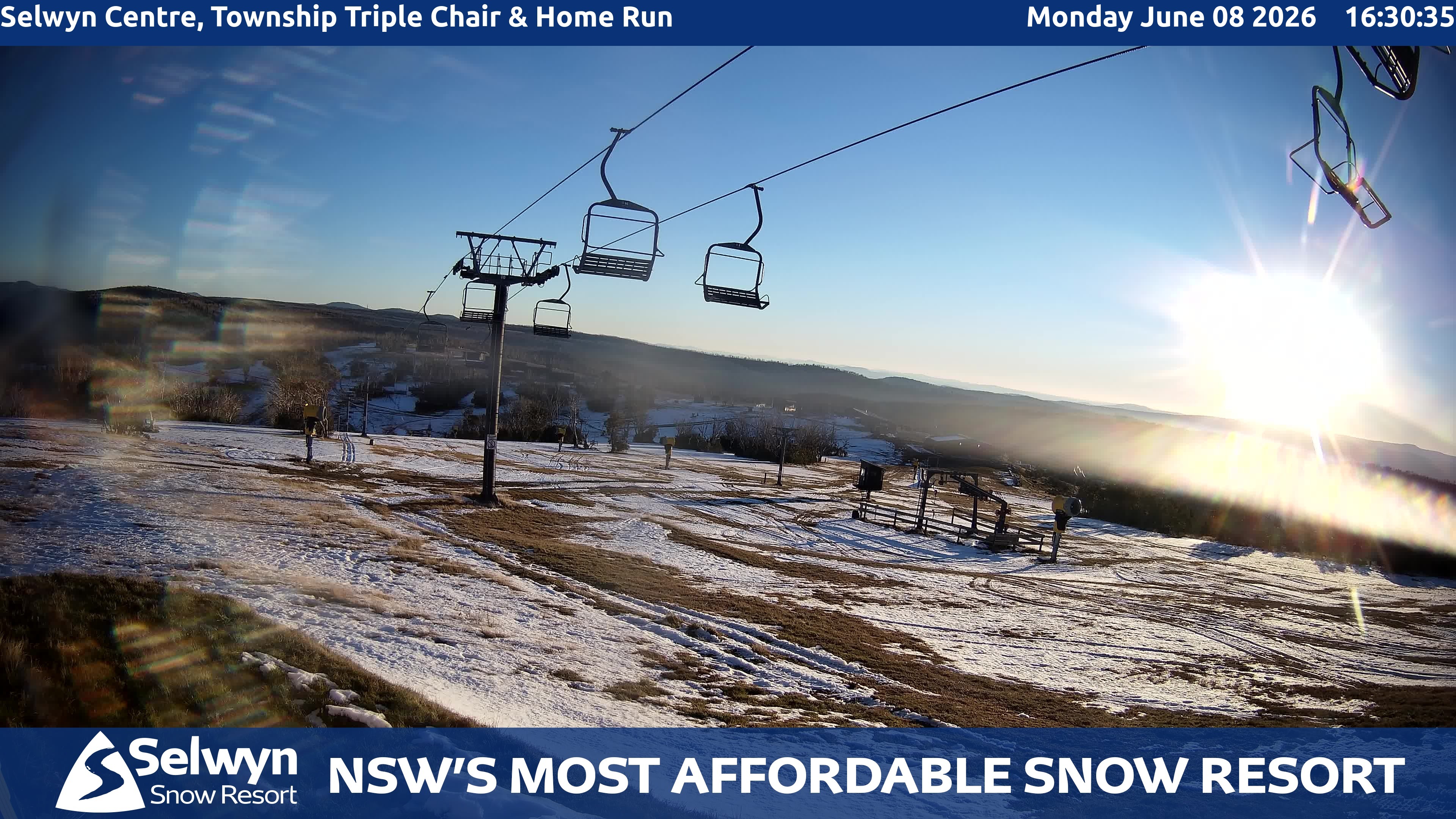 Selwyn Snow Resort Selwyn Centre, Township Triple Chair and Home Run snow cam captured at 8 June 2026, 6:31 am