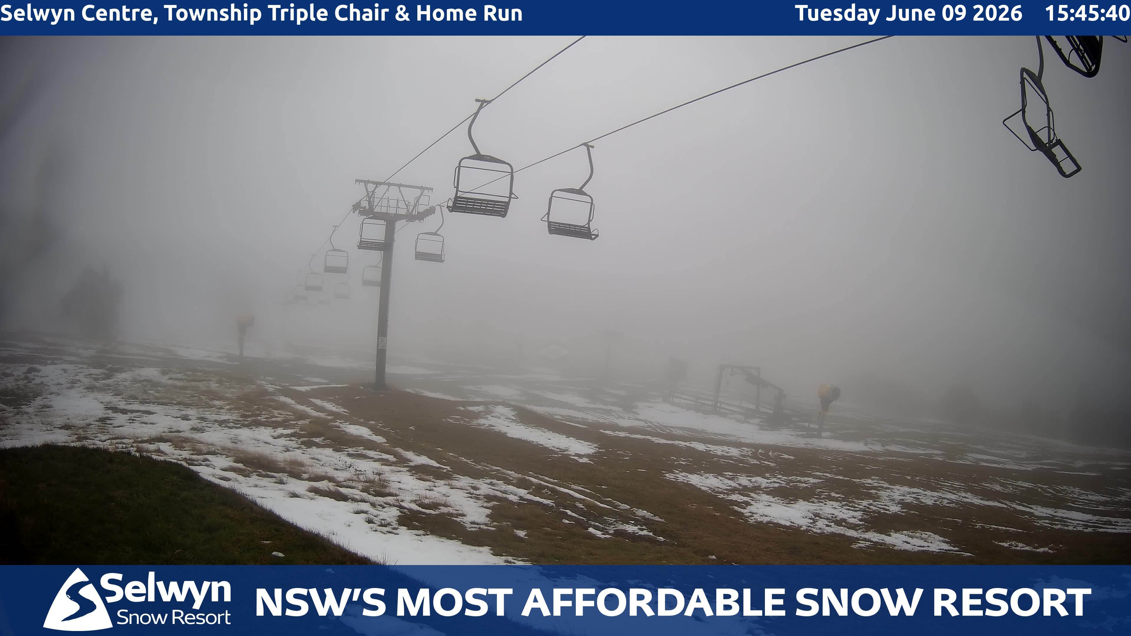 Selwyn Snow Resort Selwyn Centre, Township Triple Chair and Home Run snow cam captured at 9 June 2026, 5:50 am