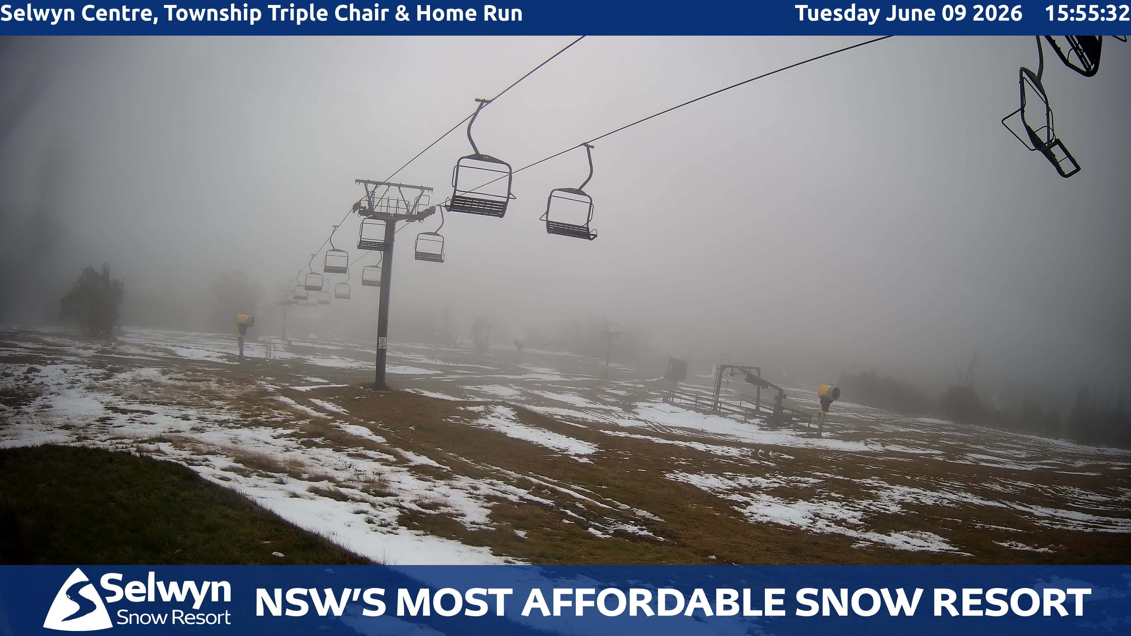 Selwyn Snow Resort Selwyn Centre, Township Triple Chair and Home Run snow cam captured at 9 June 2026, 5:56 am