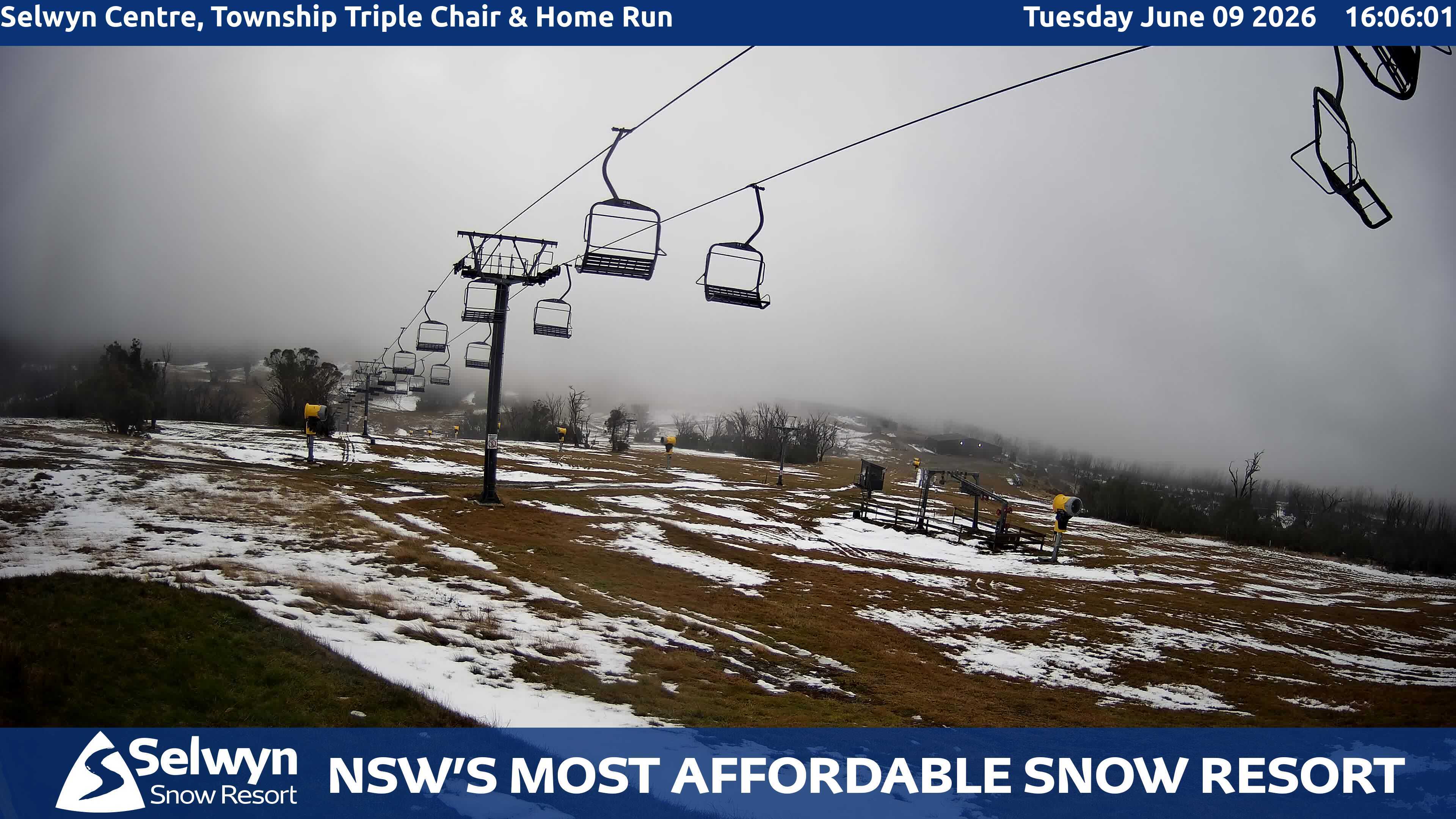 Selwyn Snow Resort Selwyn Centre, Township Triple Chair and Home Run snow cam captured at 9 June 2026, 6:10 am