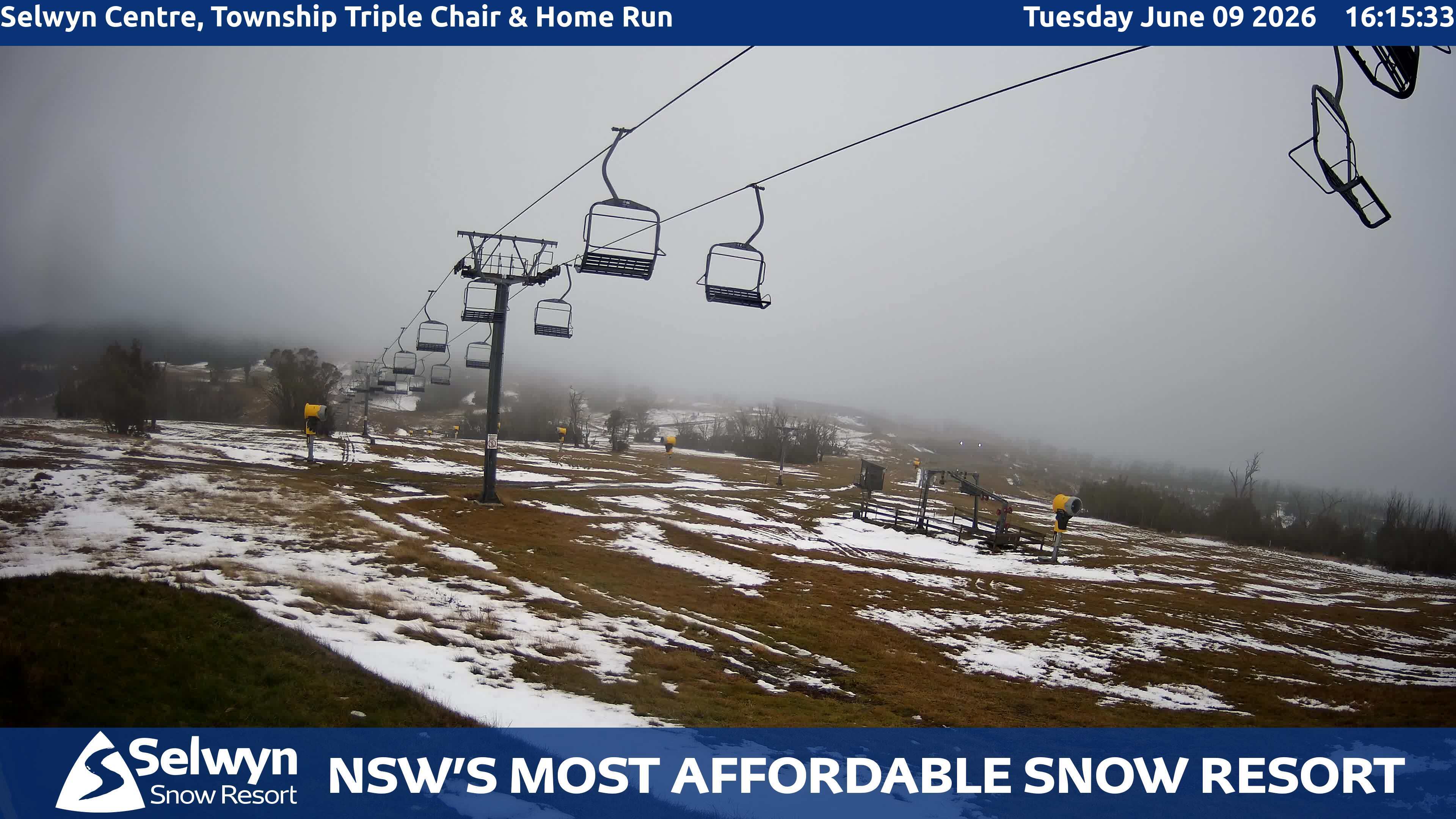 Selwyn Snow Resort Selwyn Centre, Township Triple Chair and Home Run snow cam captured at 9 June 2026, 6:16 am
