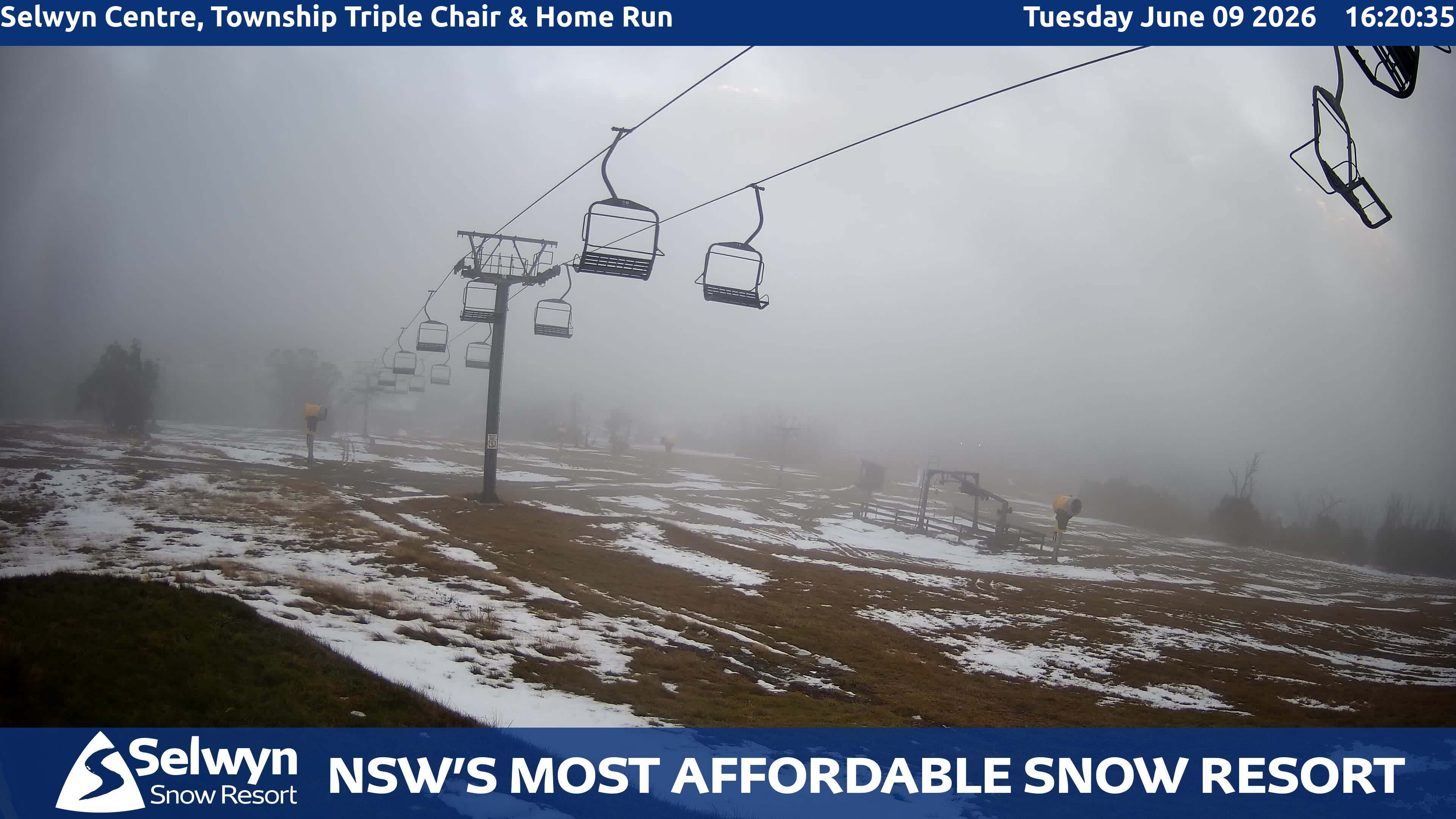Selwyn Snow Resort Selwyn Centre, Township Triple Chair and Home Run snow cam captured at 9 June 2026, 6:22 am