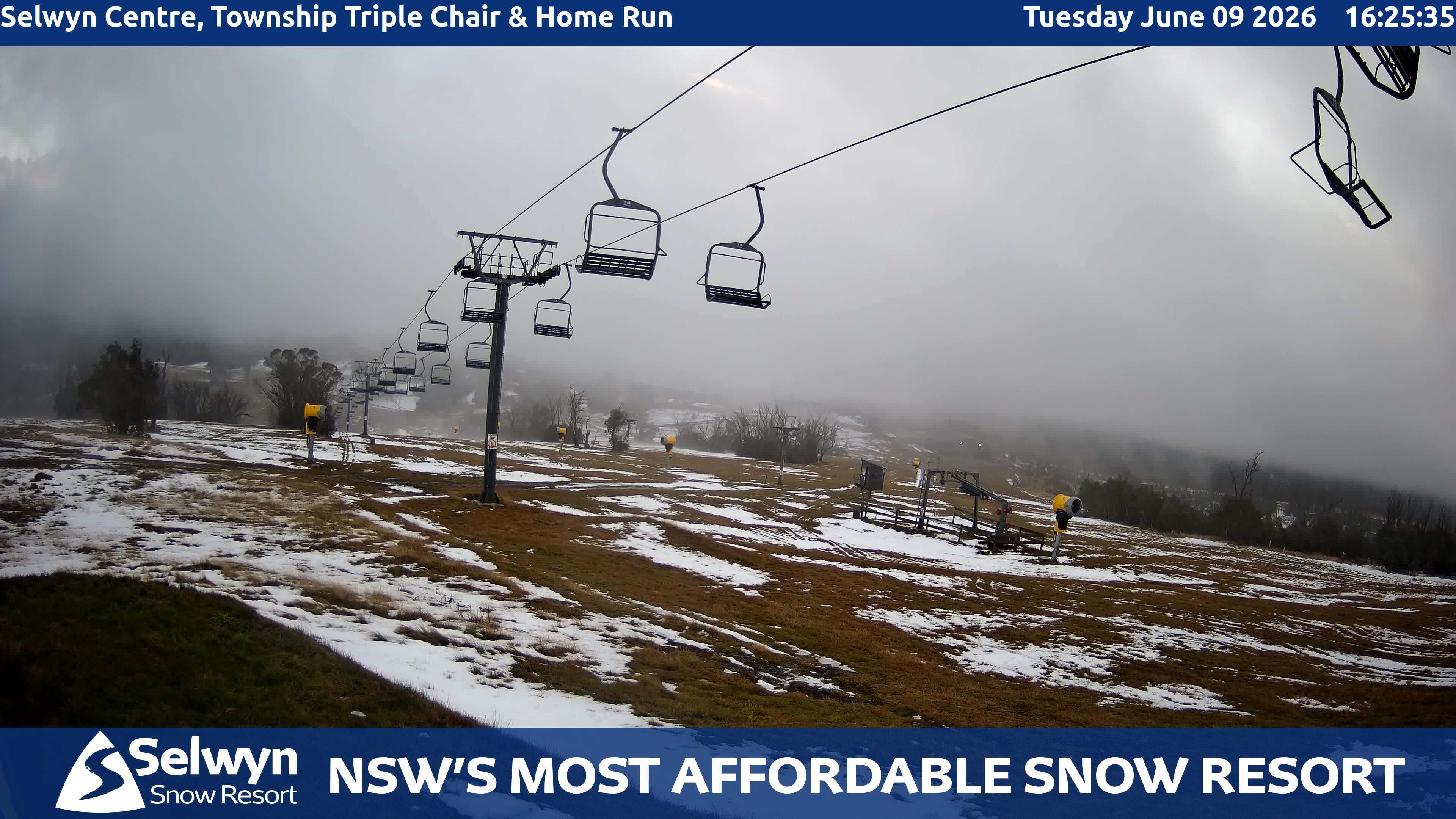 Selwyn Snow Resort Selwyn Centre, Township Triple Chair and Home Run snow cam captured at 9 June 2026, 6:28 am