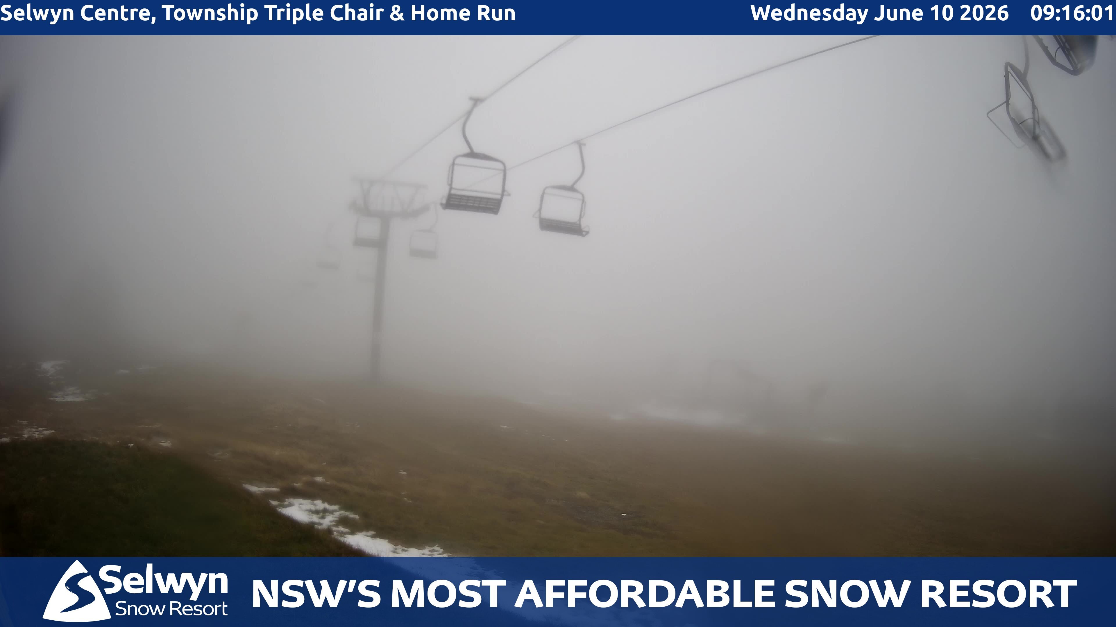 Selwyn Snow Resort Selwyn Centre, Township Triple Chair and Home Run snow cam captured at 9 June 2026, 11:18 pm