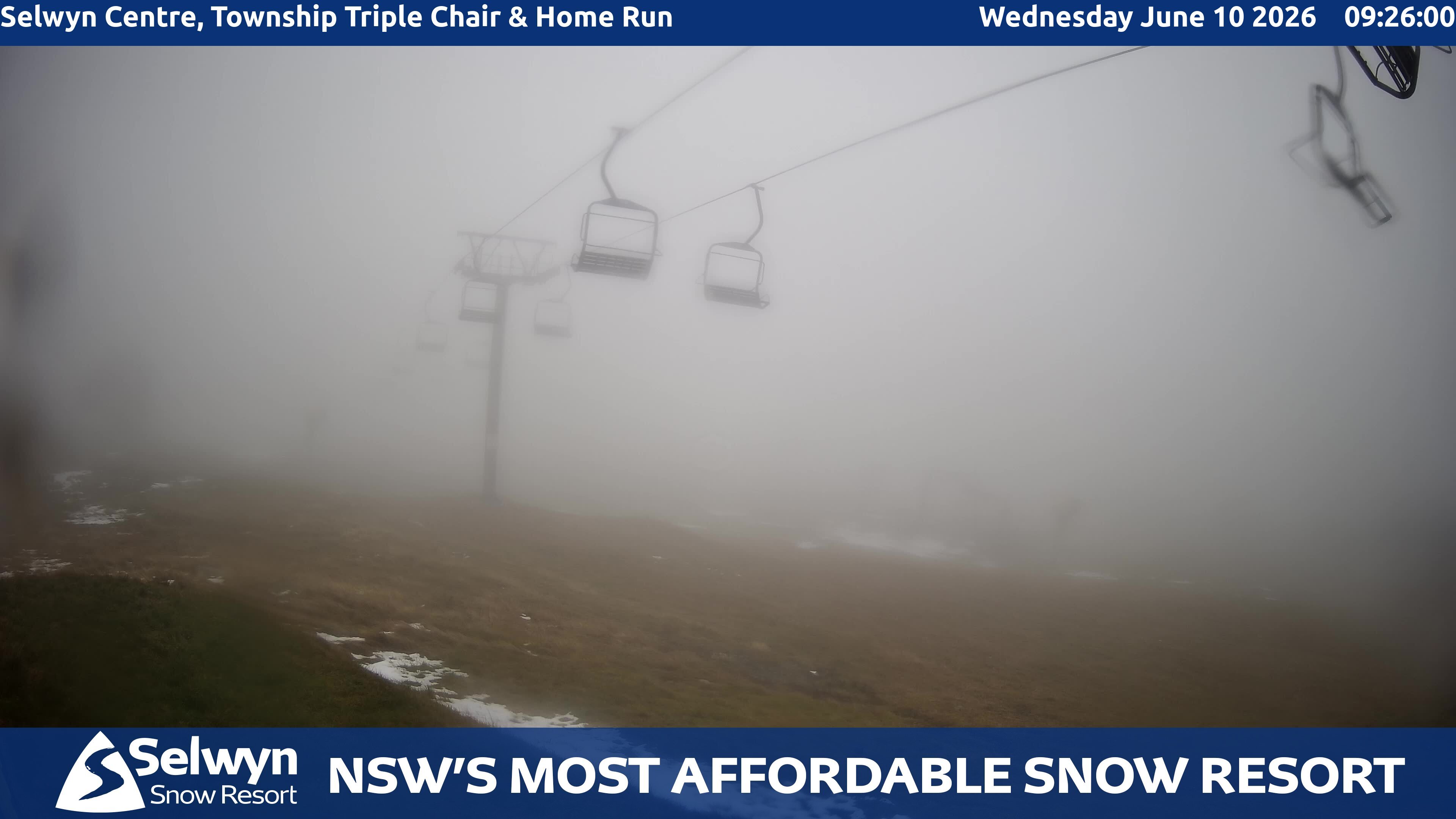 Selwyn Snow Resort Selwyn Centre, Township Triple Chair and Home Run snow cam captured at 9 June 2026, 11:30 pm