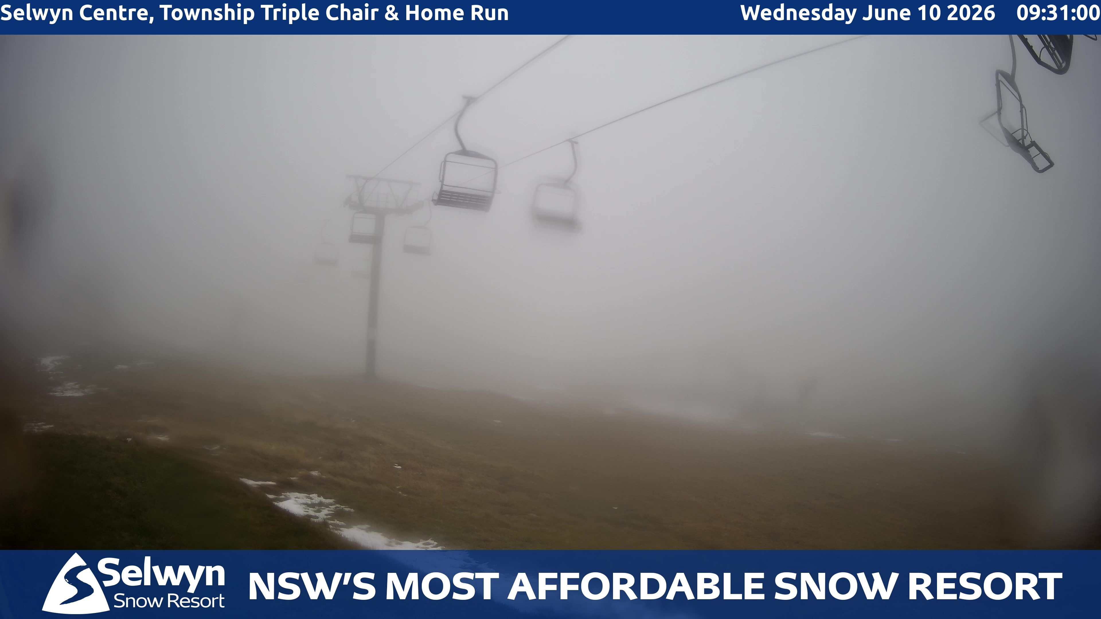 Selwyn Snow Resort Selwyn Centre, Township Triple Chair and Home Run snow cam captured at 9 June 2026, 11:36 pm
