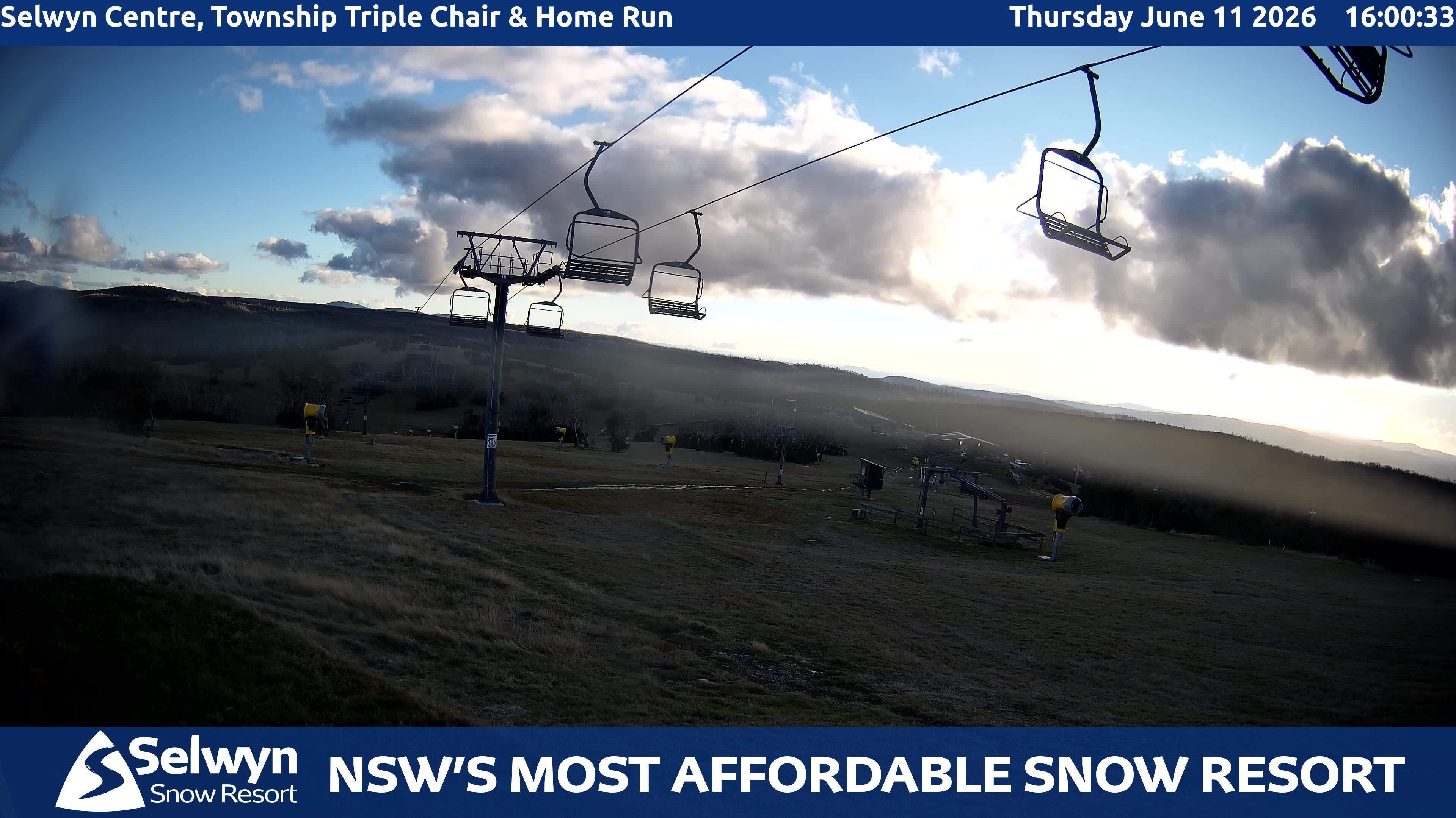 Selwyn Snow Resort Selwyn Centre, Township Triple Chair and Home Run snow cam captured at 11 June 2026, 6:04 am