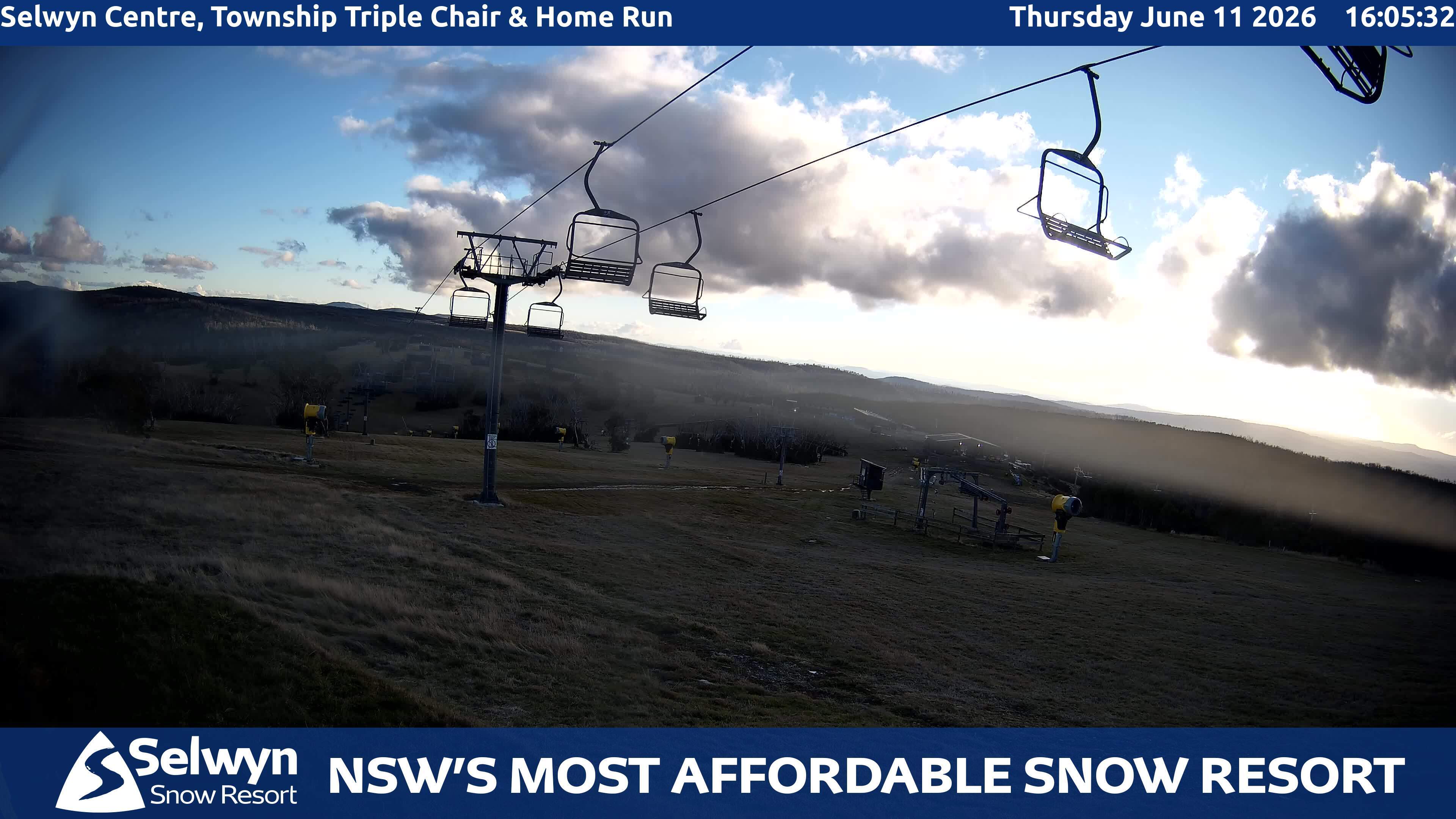 Selwyn Snow Resort Selwyn Centre, Township Triple Chair and Home Run snow cam captured at 11 June 2026, 6:10 am