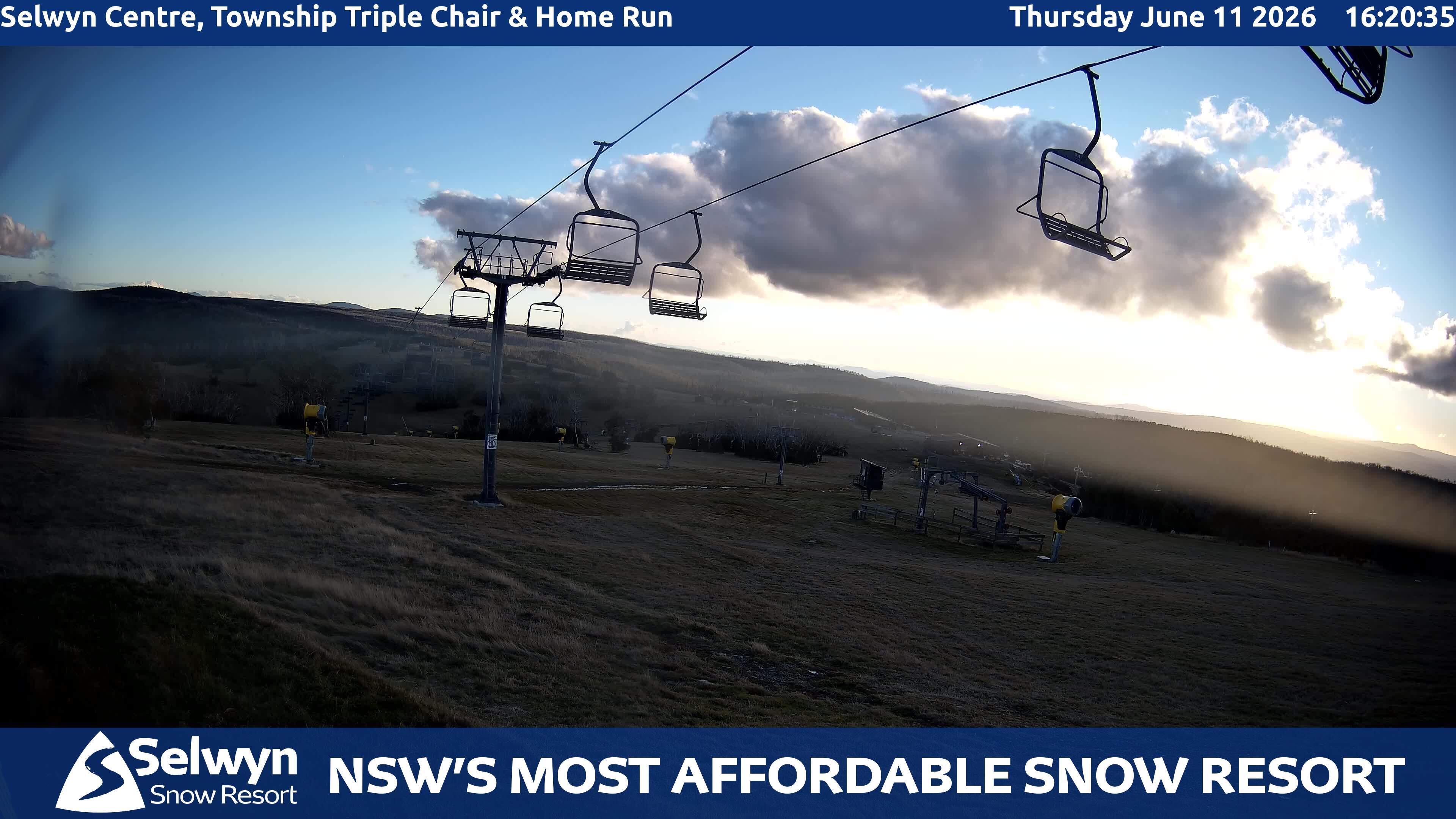 Selwyn Snow Resort Selwyn Centre, Township Triple Chair and Home Run snow cam captured at 11 June 2026, 6:22 am