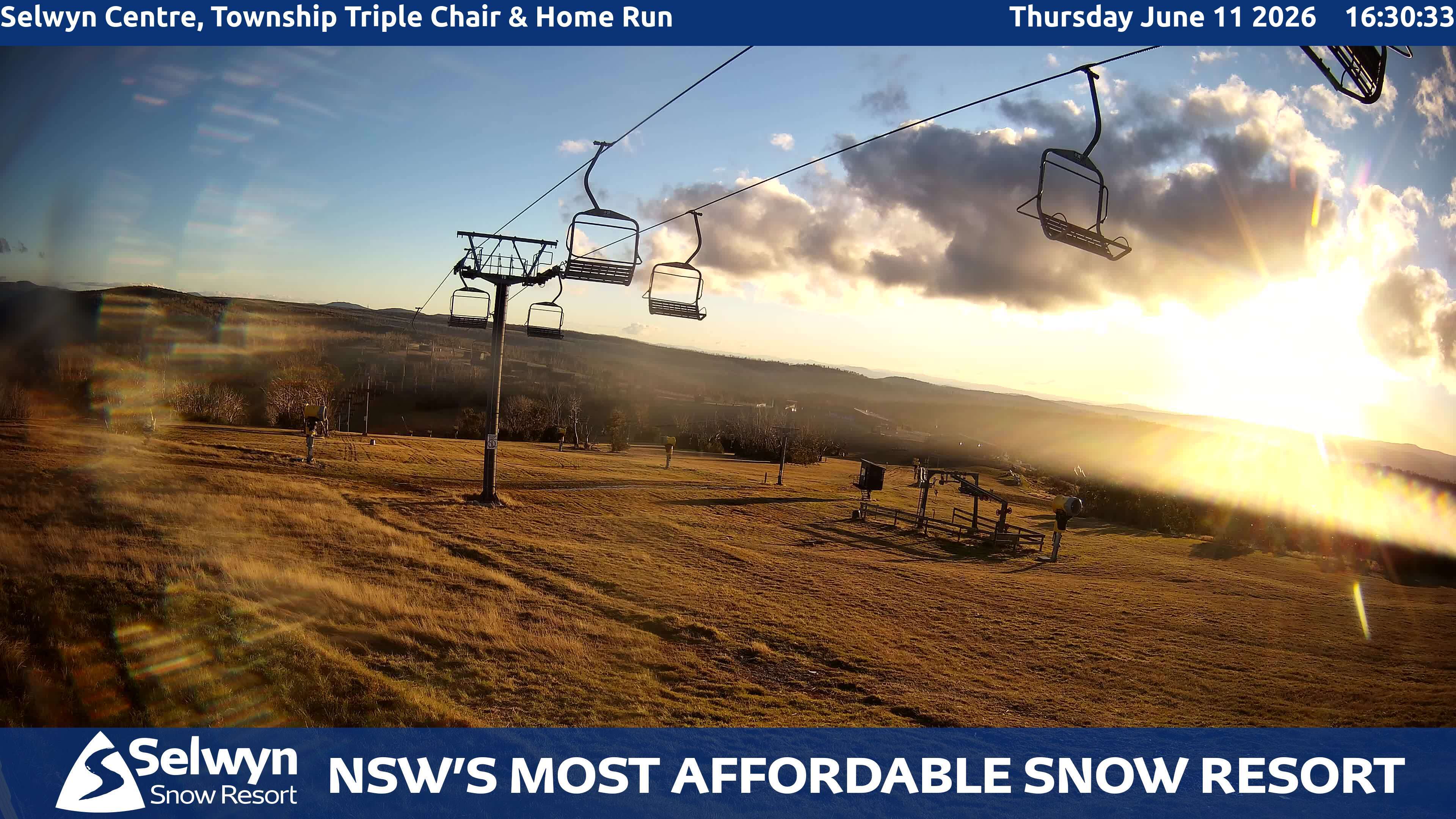 Selwyn Snow Resort Selwyn Centre, Township Triple Chair and Home Run snow cam captured at 11 June 2026, 6:34 am
