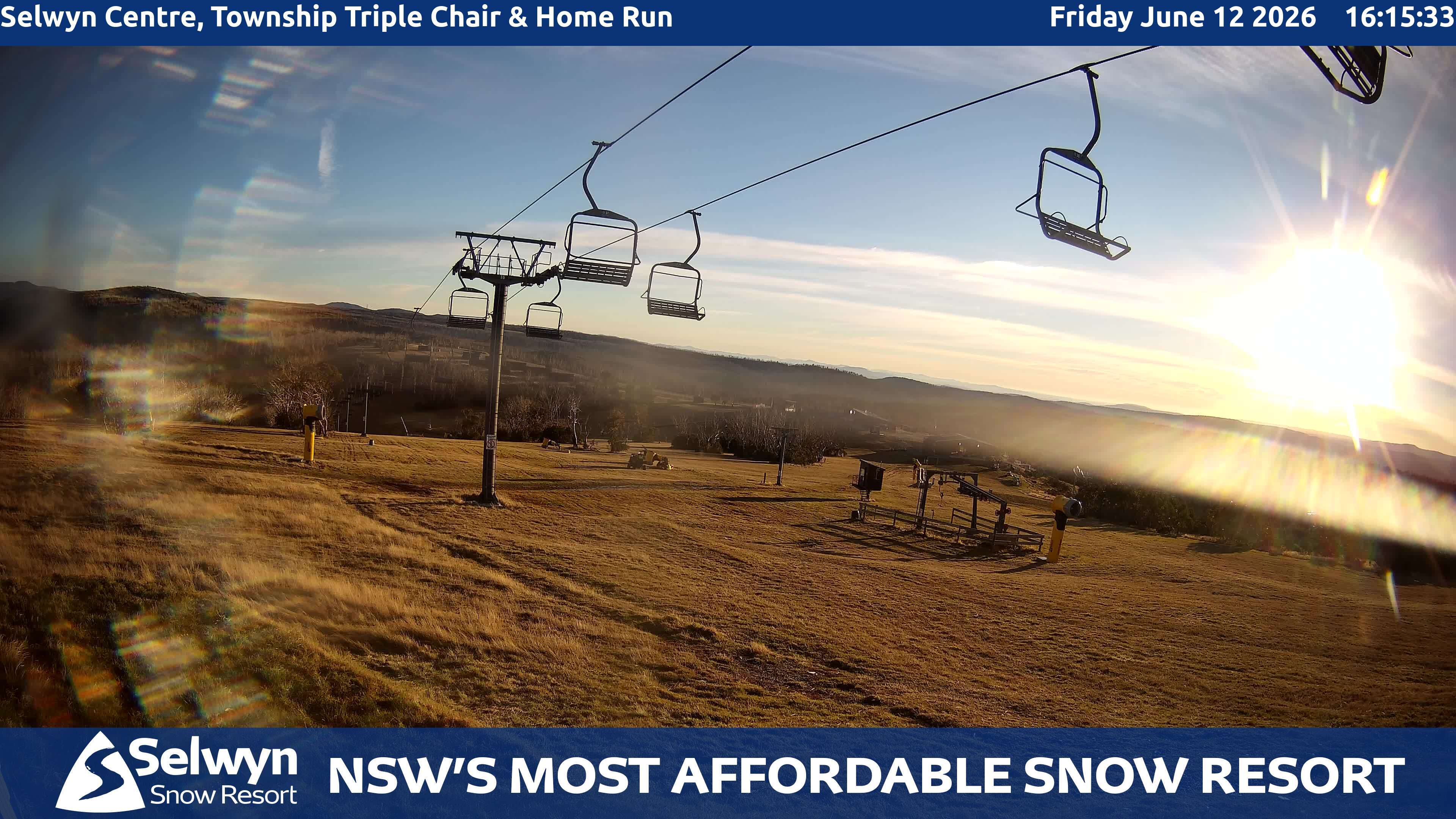 Selwyn Snow Resort Selwyn Centre, Township Triple Chair and Home Run snow cam captured at 12 June 2026, 6:16 am
