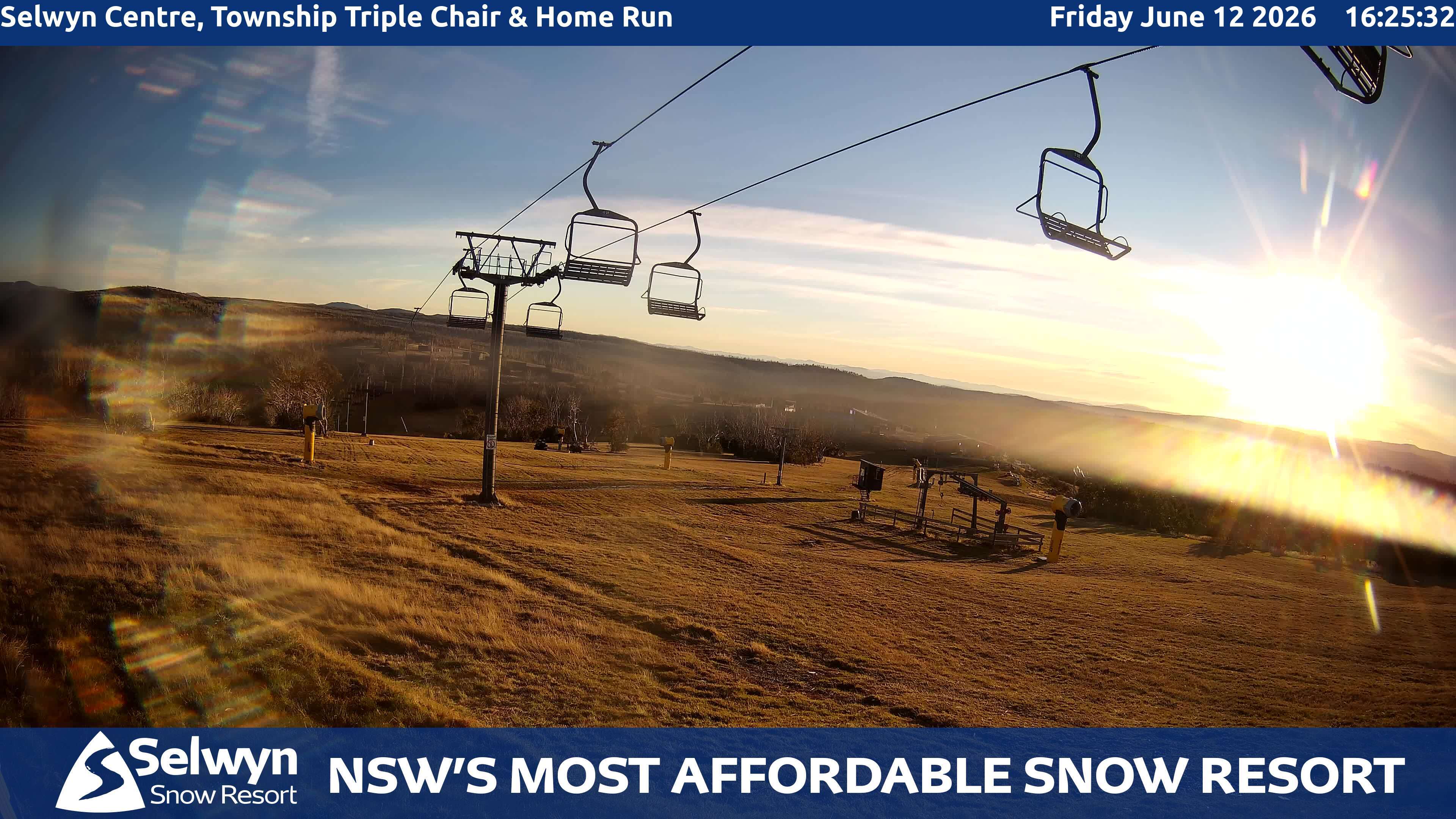Selwyn Snow Resort Selwyn Centre, Township Triple Chair and Home Run snow cam captured at 12 June 2026, 6:28 am