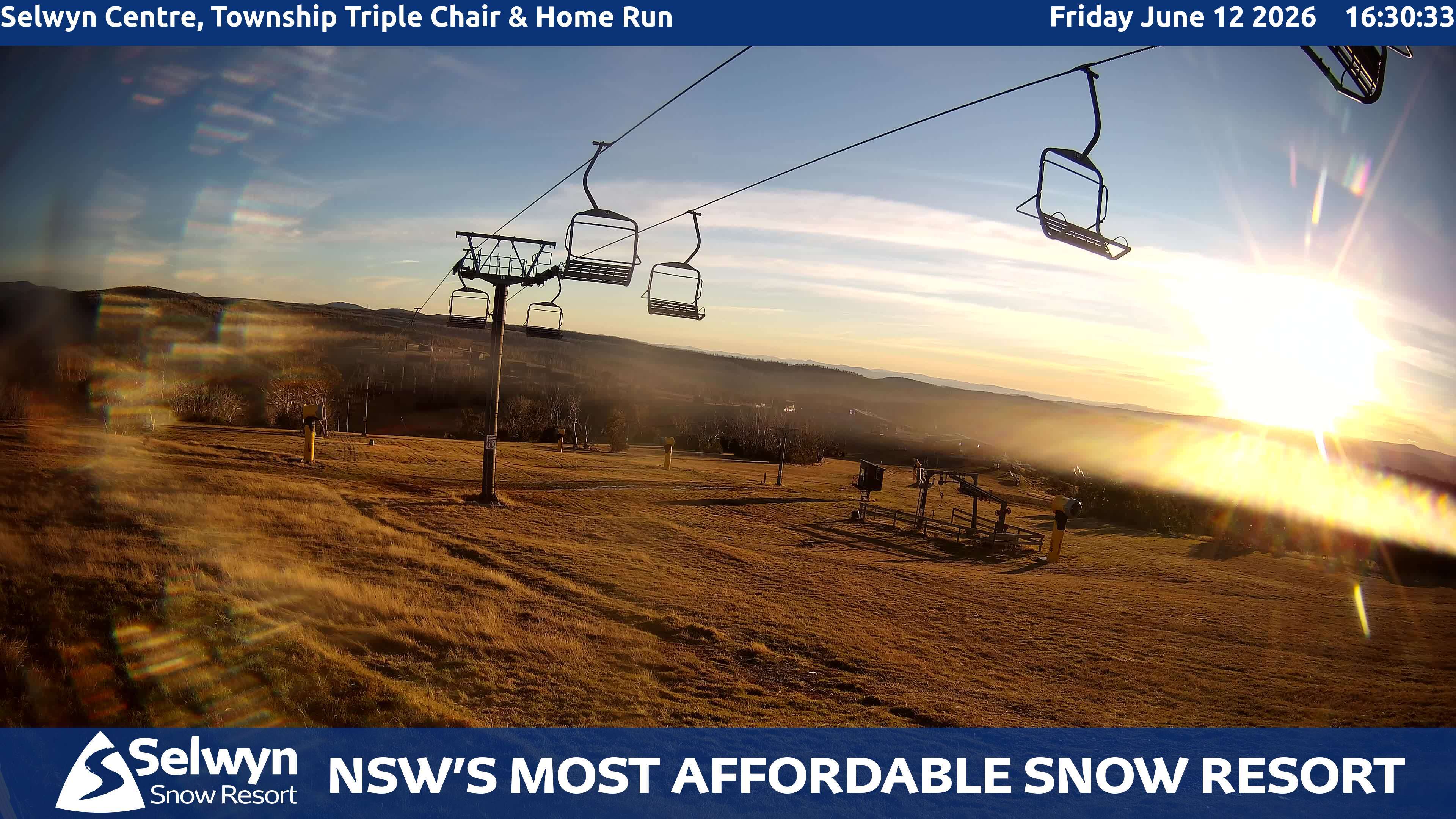 Selwyn Snow Resort Selwyn Centre, Township Triple Chair and Home Run snow cam captured at 12 June 2026, 6:34 am