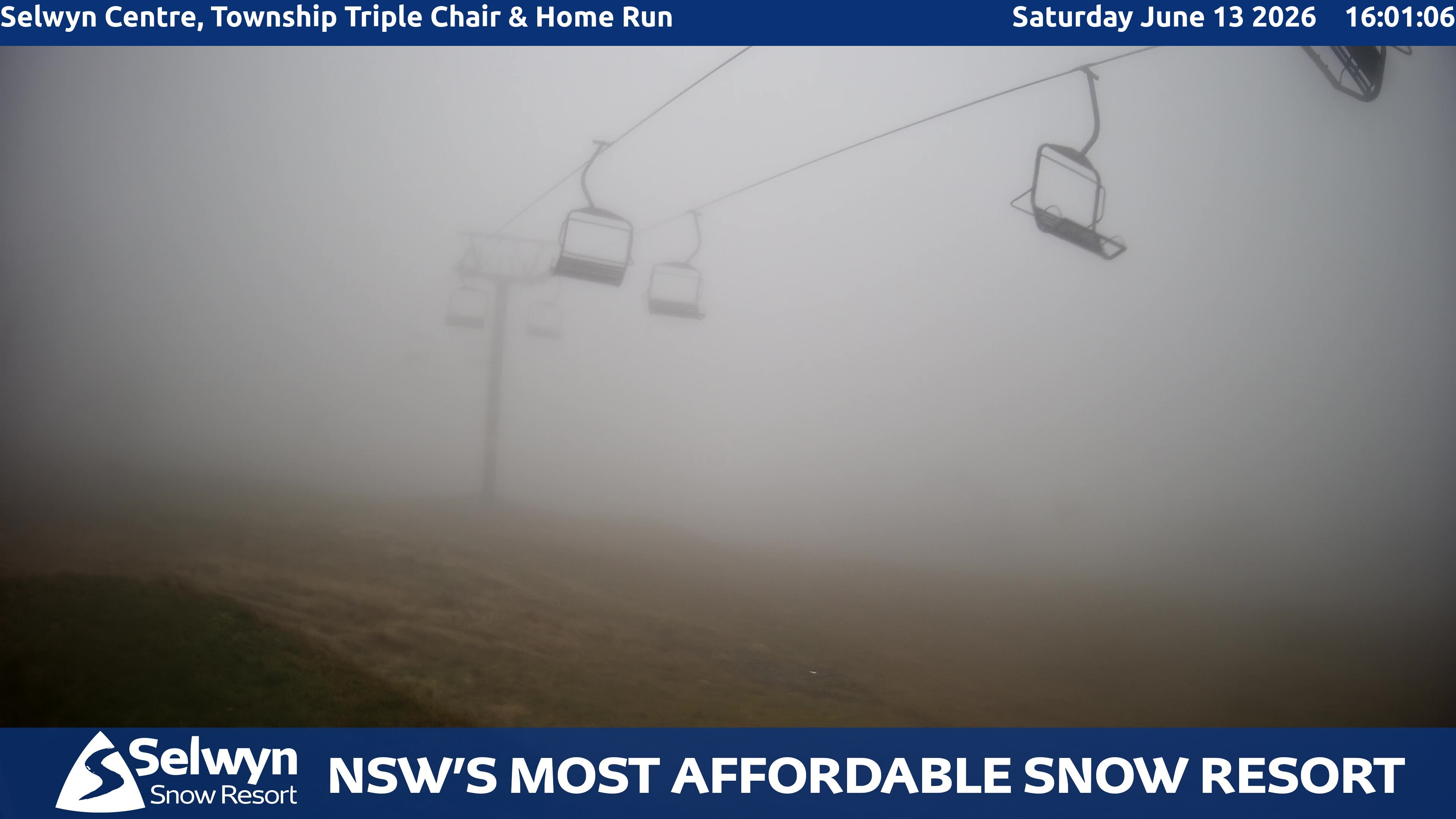 Selwyn Snow Resort Selwyn Centre, Township Triple Chair and Home Run snow cam captured at 13 June 2026, 6:04 am