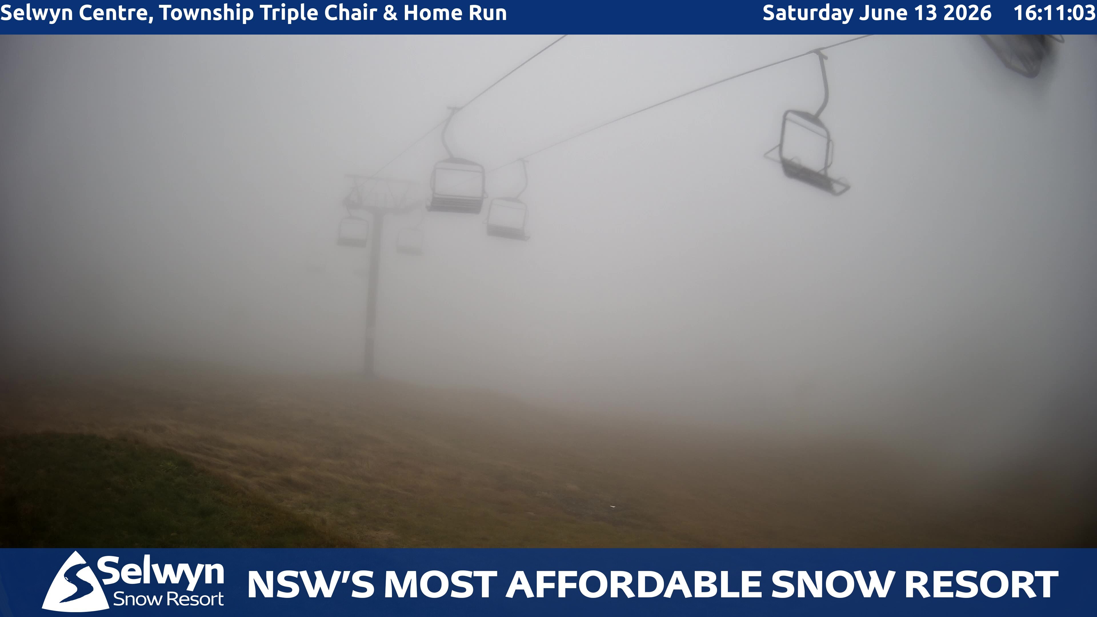 Selwyn Snow Resort Selwyn Centre, Township Triple Chair and Home Run snow cam captured at 13 June 2026, 6:16 am