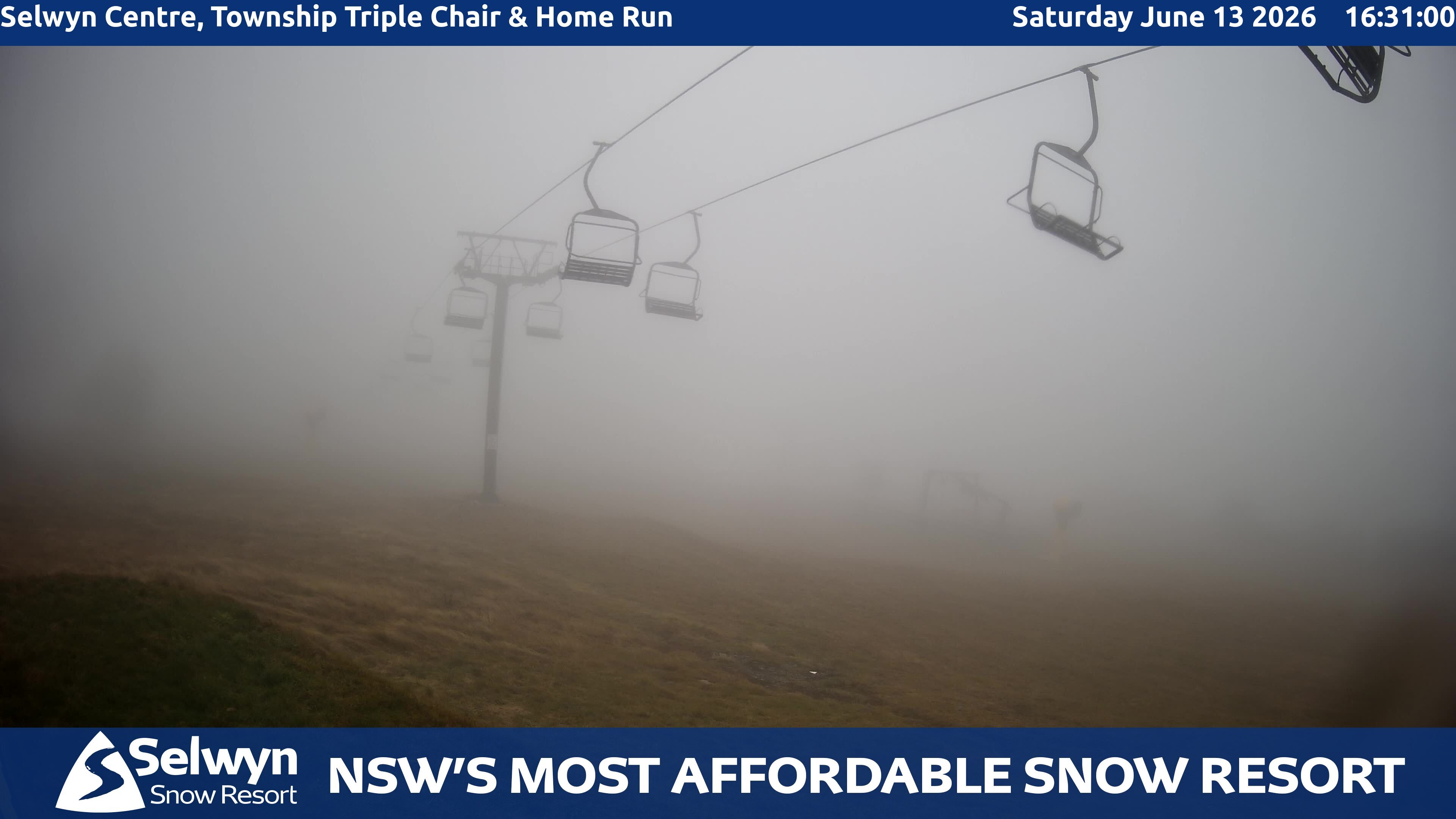 Selwyn Snow Resort Selwyn Centre, Township Triple Chair and Home Run snow cam captured at 13 June 2026, 6:34 am