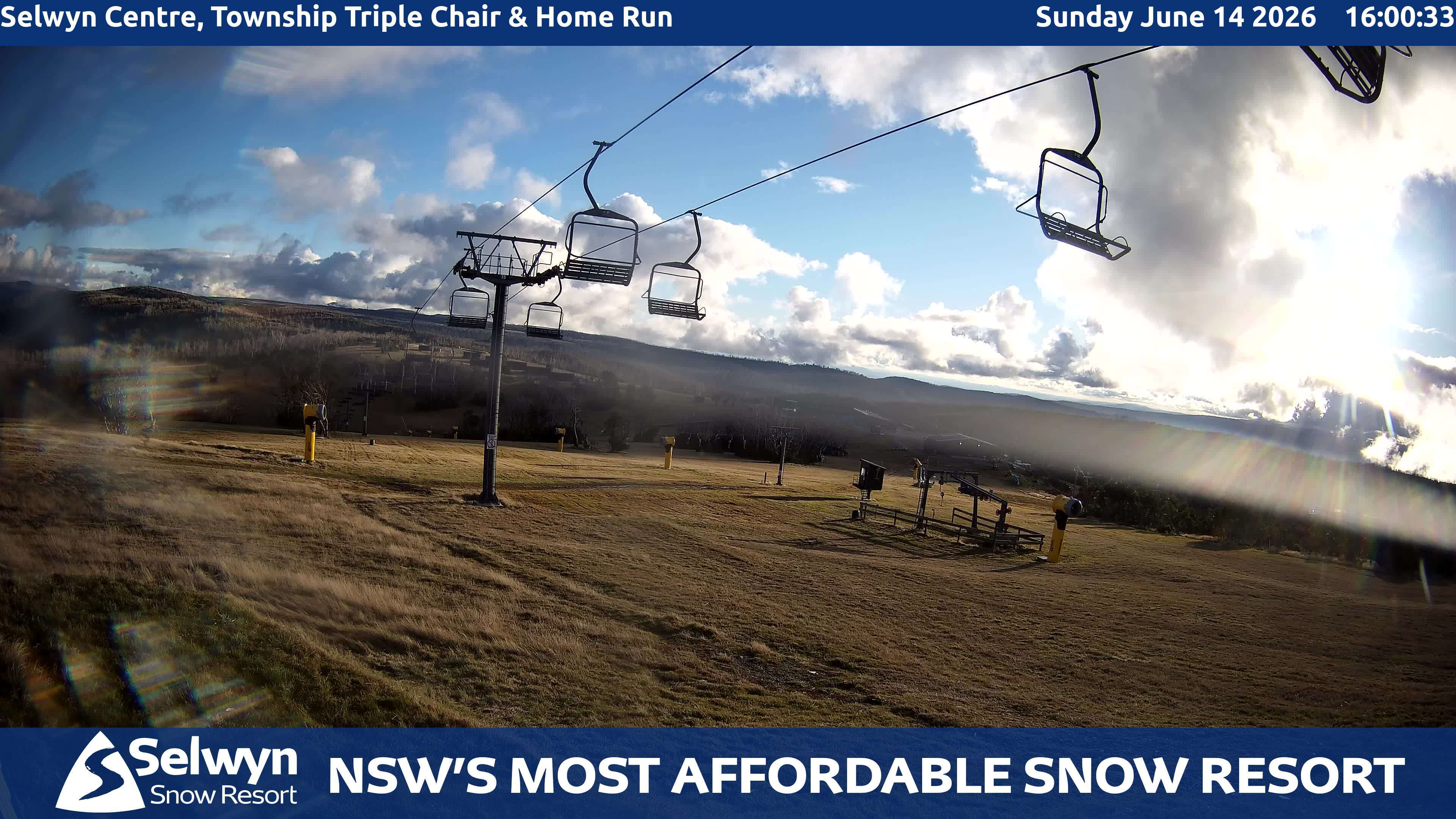 Selwyn Snow Resort Selwyn Centre, Township Triple Chair and Home Run snow cam captured at 14 June 2026, 6:05 am