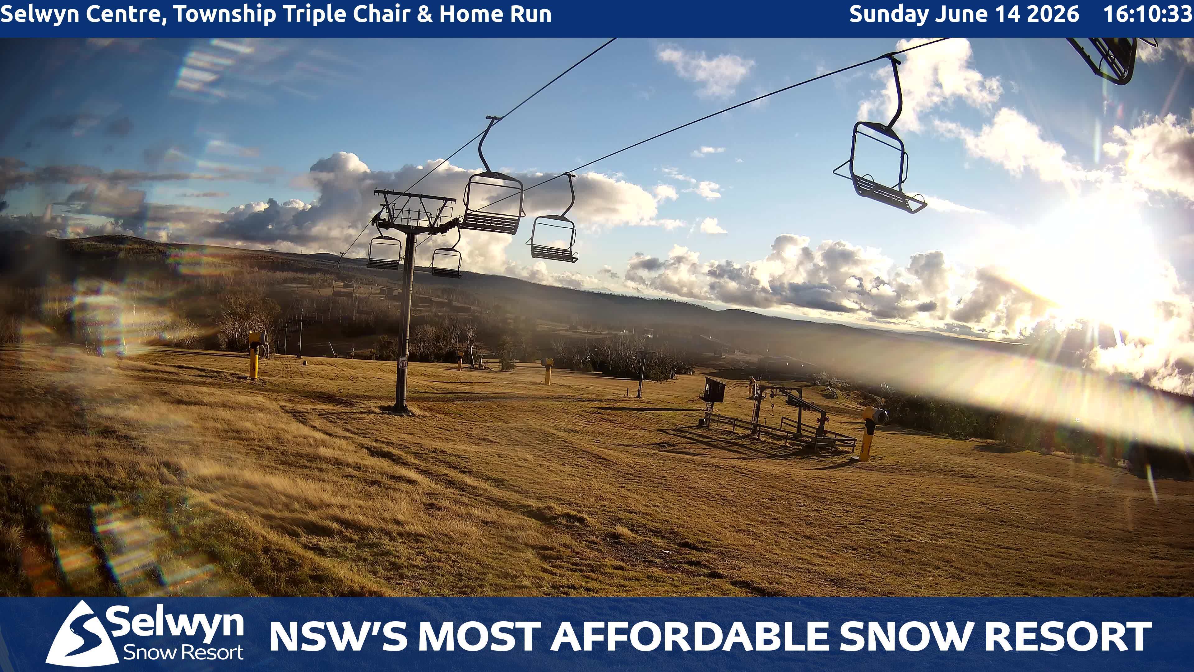 Selwyn Snow Resort Selwyn Centre, Township Triple Chair and Home Run snow cam captured at 14 June 2026, 6:11 am