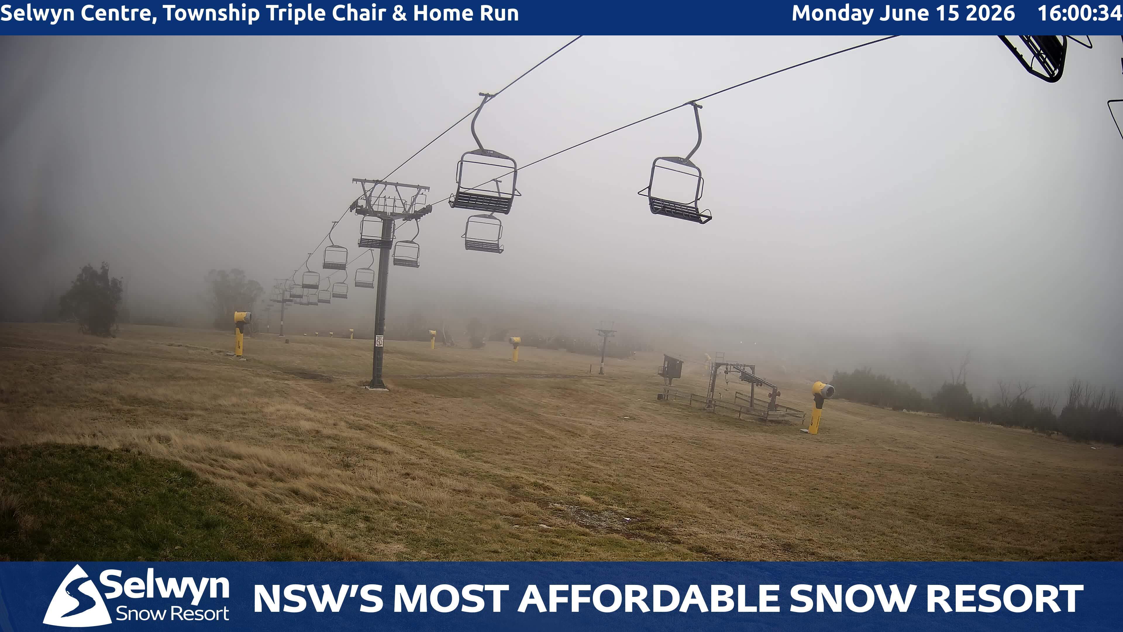 Selwyn Snow Resort Selwyn Centre, Township Triple Chair and Home Run snow cam captured at 15 June 2026, 6:05 am