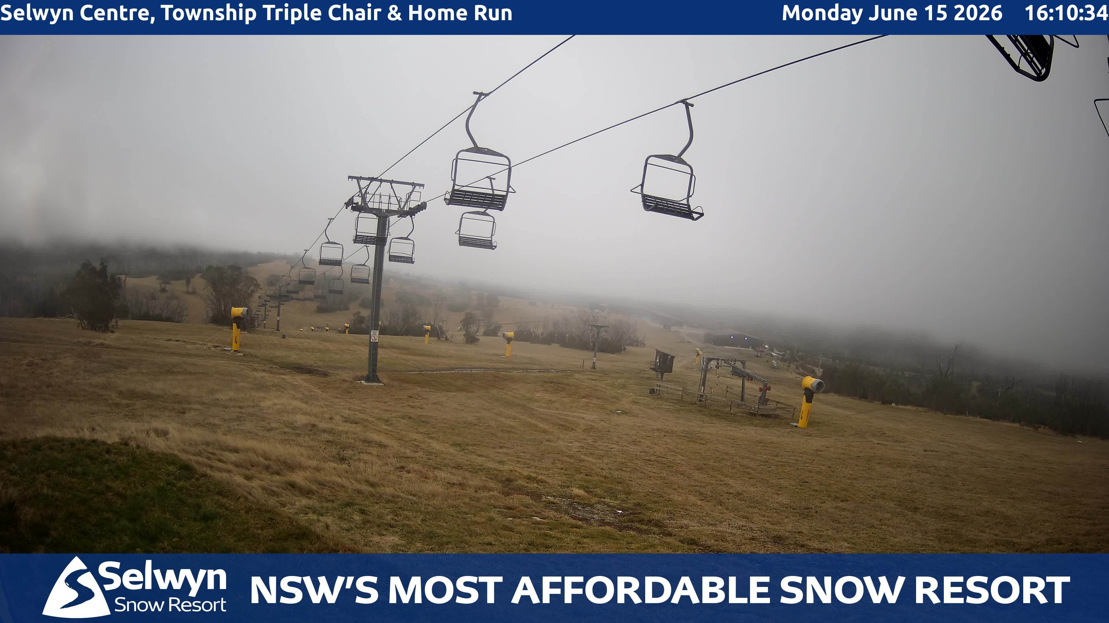 Selwyn Snow Resort Selwyn Centre, Township Triple Chair and Home Run snow cam captured at 15 June 2026, 6:11 am