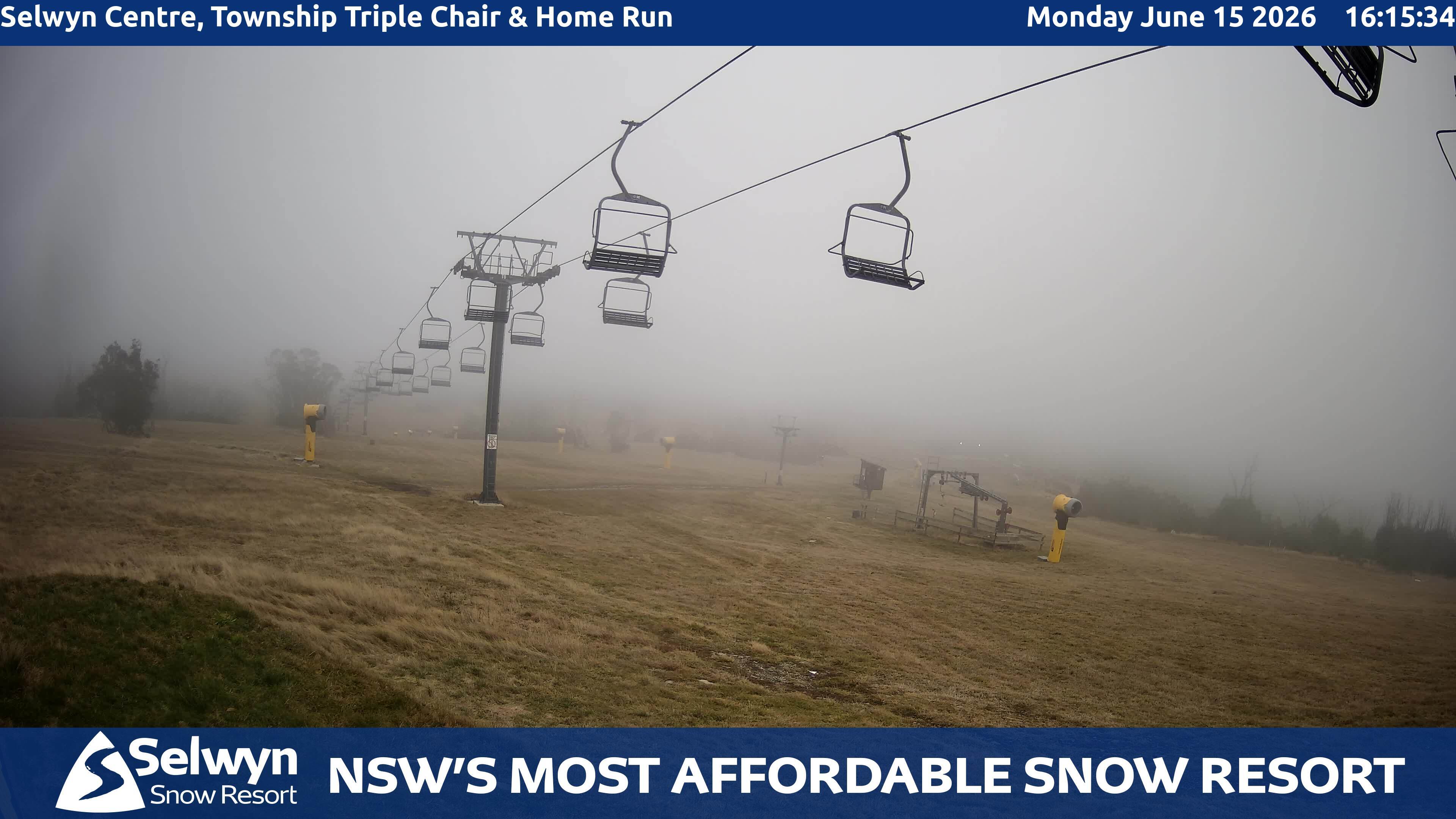 Selwyn Snow Resort Selwyn Centre, Township Triple Chair and Home Run snow cam captured at 15 June 2026, 6:17 am