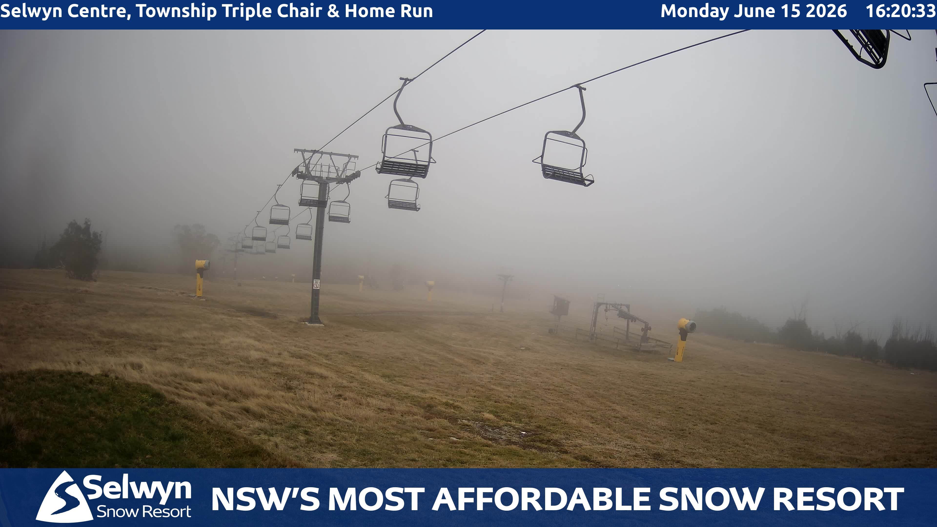 Selwyn Snow Resort Selwyn Centre, Township Triple Chair and Home Run snow cam captured at 15 June 2026, 6:23 am