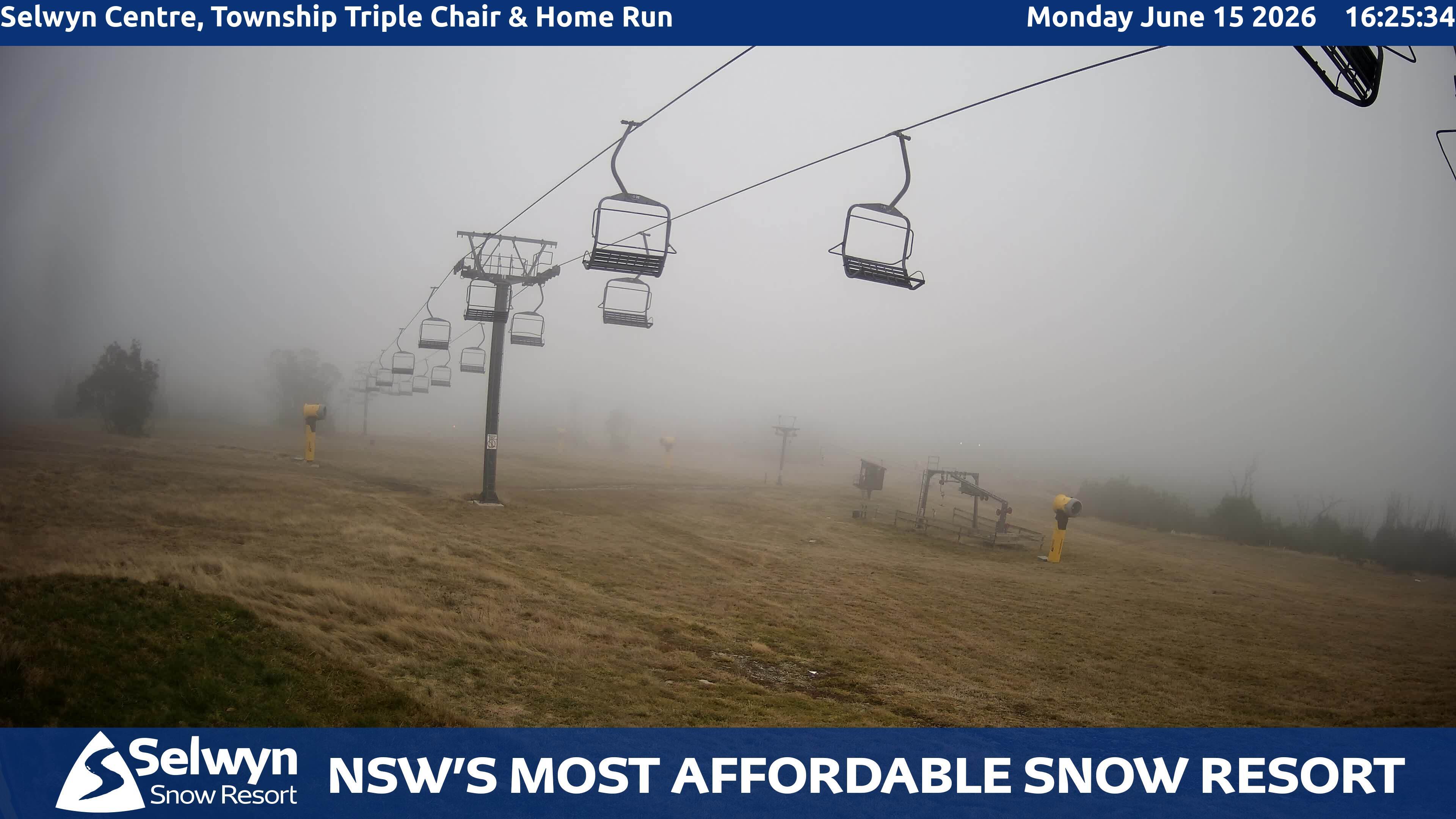Selwyn Snow Resort Selwyn Centre, Township Triple Chair and Home Run snow cam captured at 15 June 2026, 6:29 am