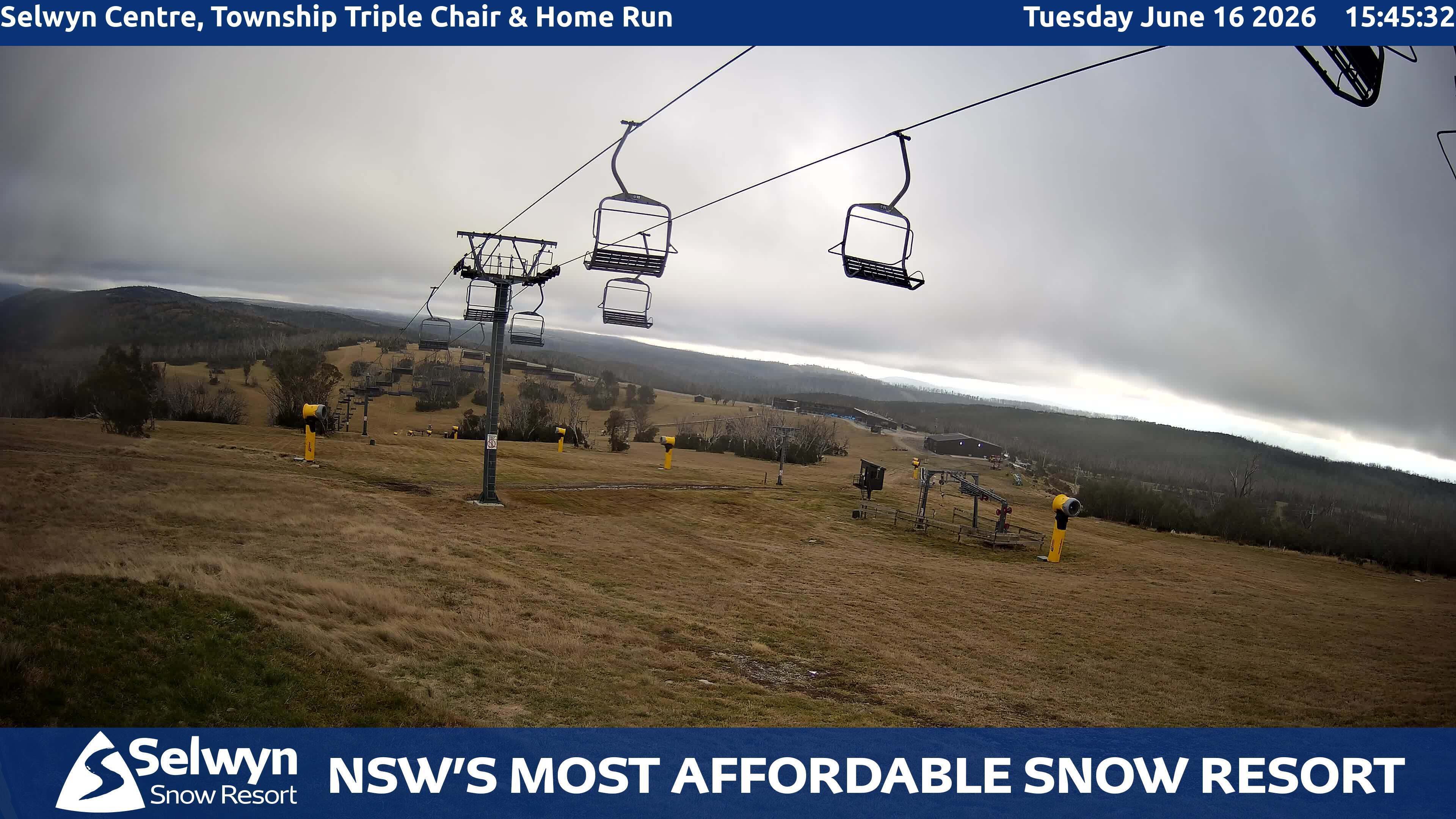 Selwyn Snow Resort Selwyn Centre, Township Triple Chair and Home Run snow cam captured at 16 June 2026, 5:48 am