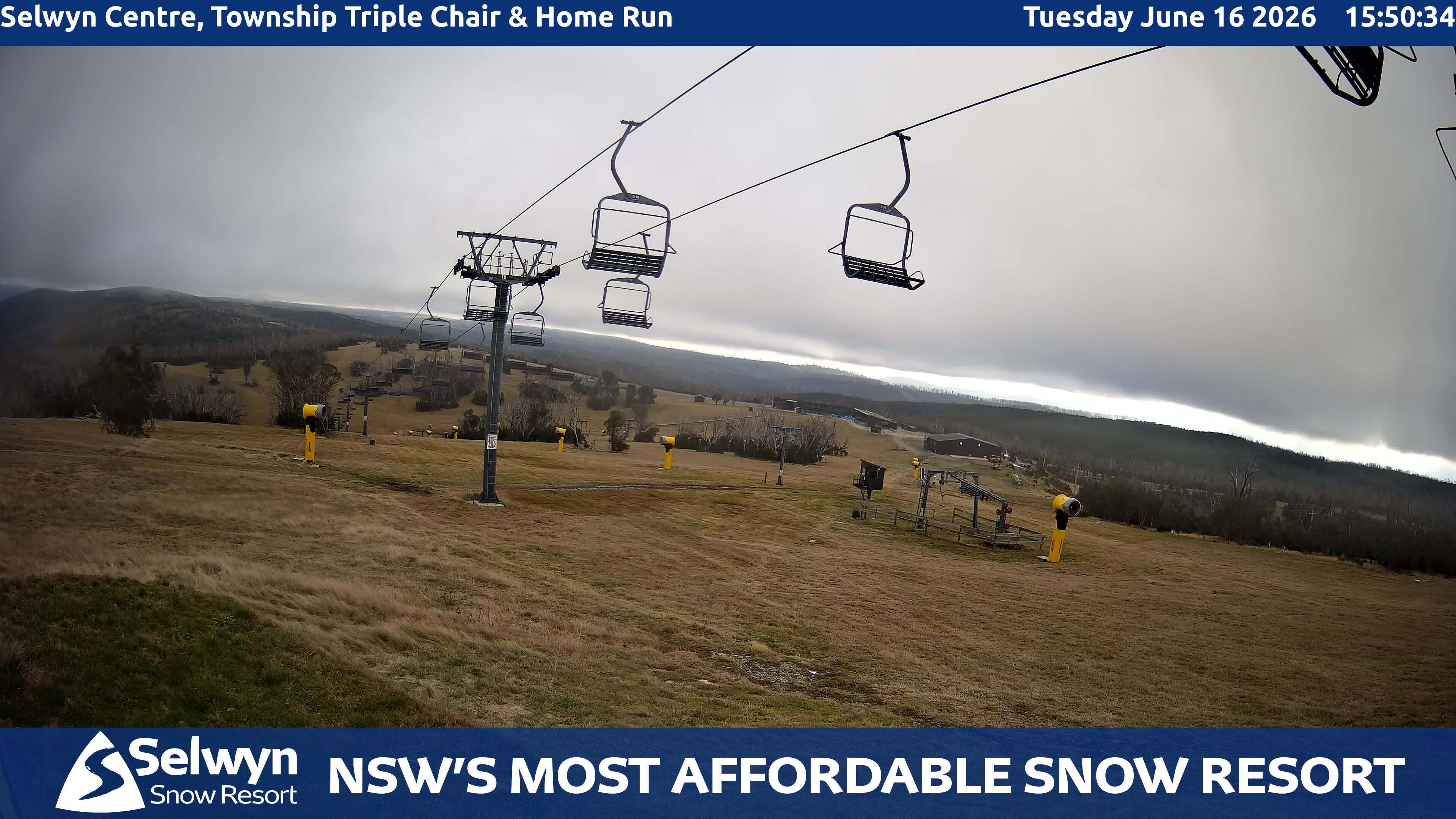Selwyn Snow Resort Selwyn Centre, Township Triple Chair and Home Run snow cam captured at 16 June 2026, 5:54 am