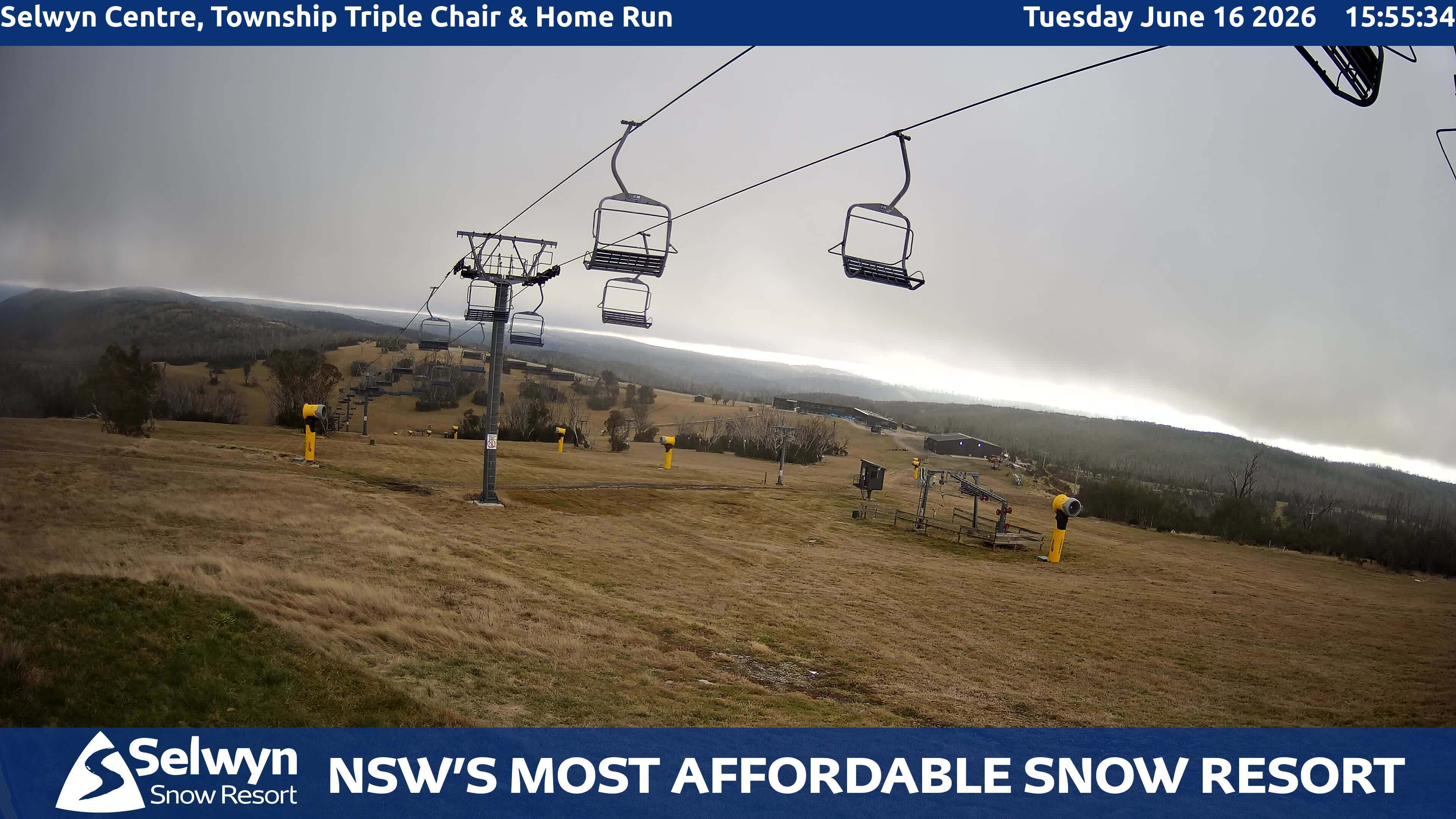 Selwyn Snow Resort Selwyn Centre, Township Triple Chair and Home Run snow cam captured at 16 June 2026, 6:00 am