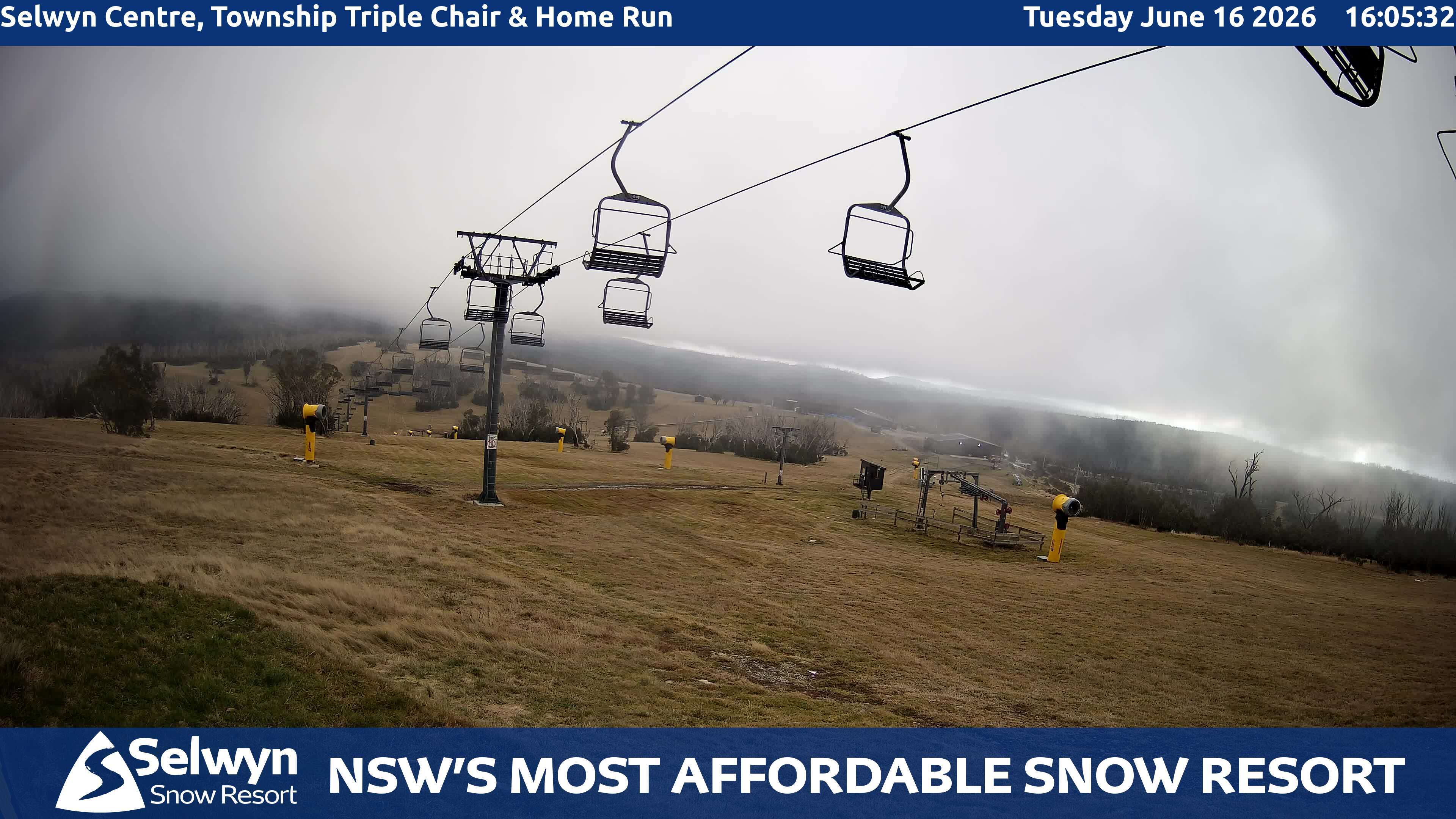 Selwyn Snow Resort Selwyn Centre, Township Triple Chair and Home Run snow cam captured at 16 June 2026, 6:06 am