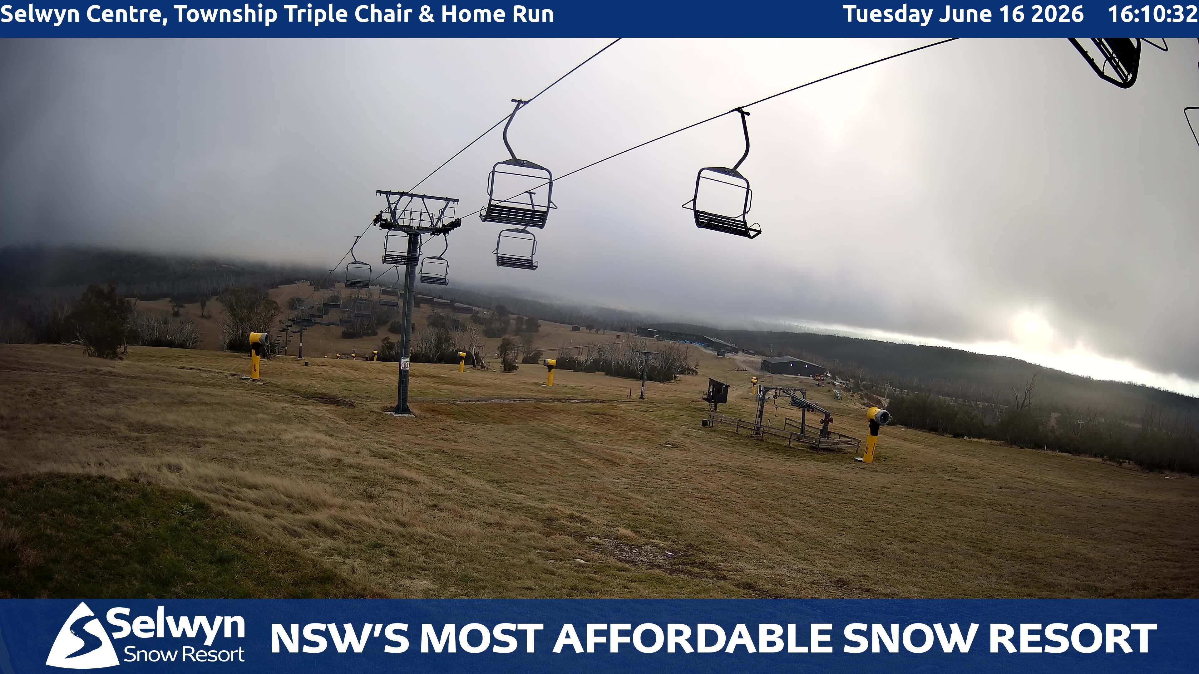 Selwyn Snow Resort Selwyn Centre, Township Triple Chair and Home Run snow cam captured at 16 June 2026, 6:12 am