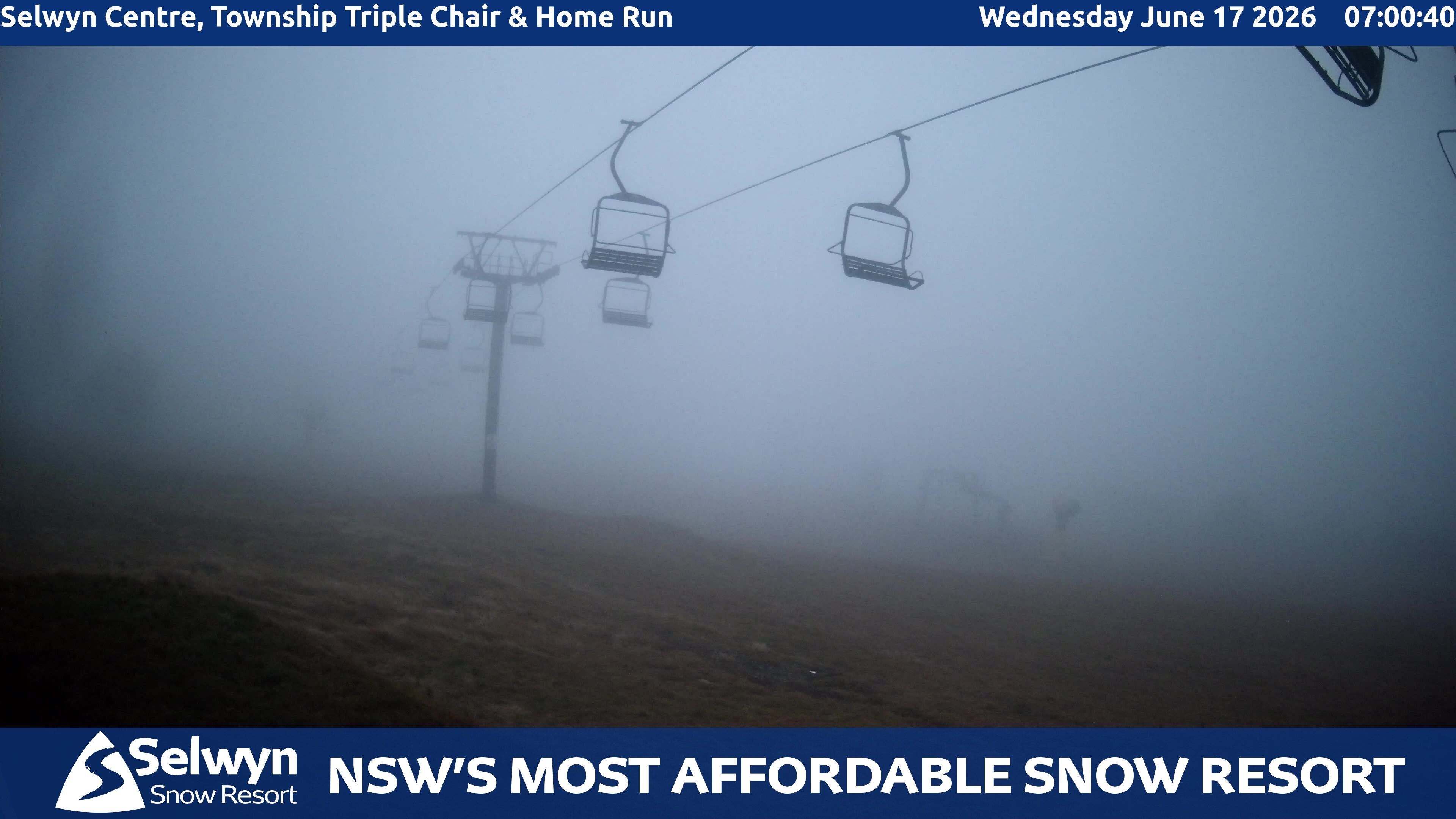 Selwyn Snow Resort Selwyn Centre, Township Triple Chair and Home Run snow cam captured at 16 June 2026, 9:03 pm