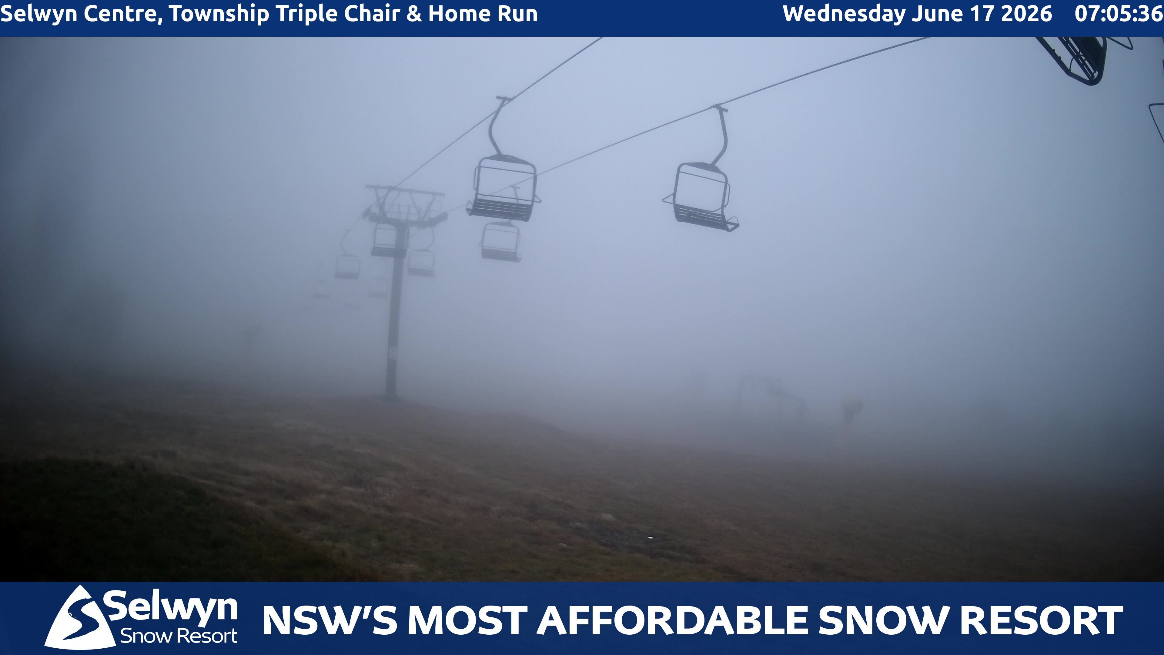 Selwyn Snow Resort Selwyn Centre, Township Triple Chair and Home Run snow cam captured at 16 June 2026, 9:09 pm