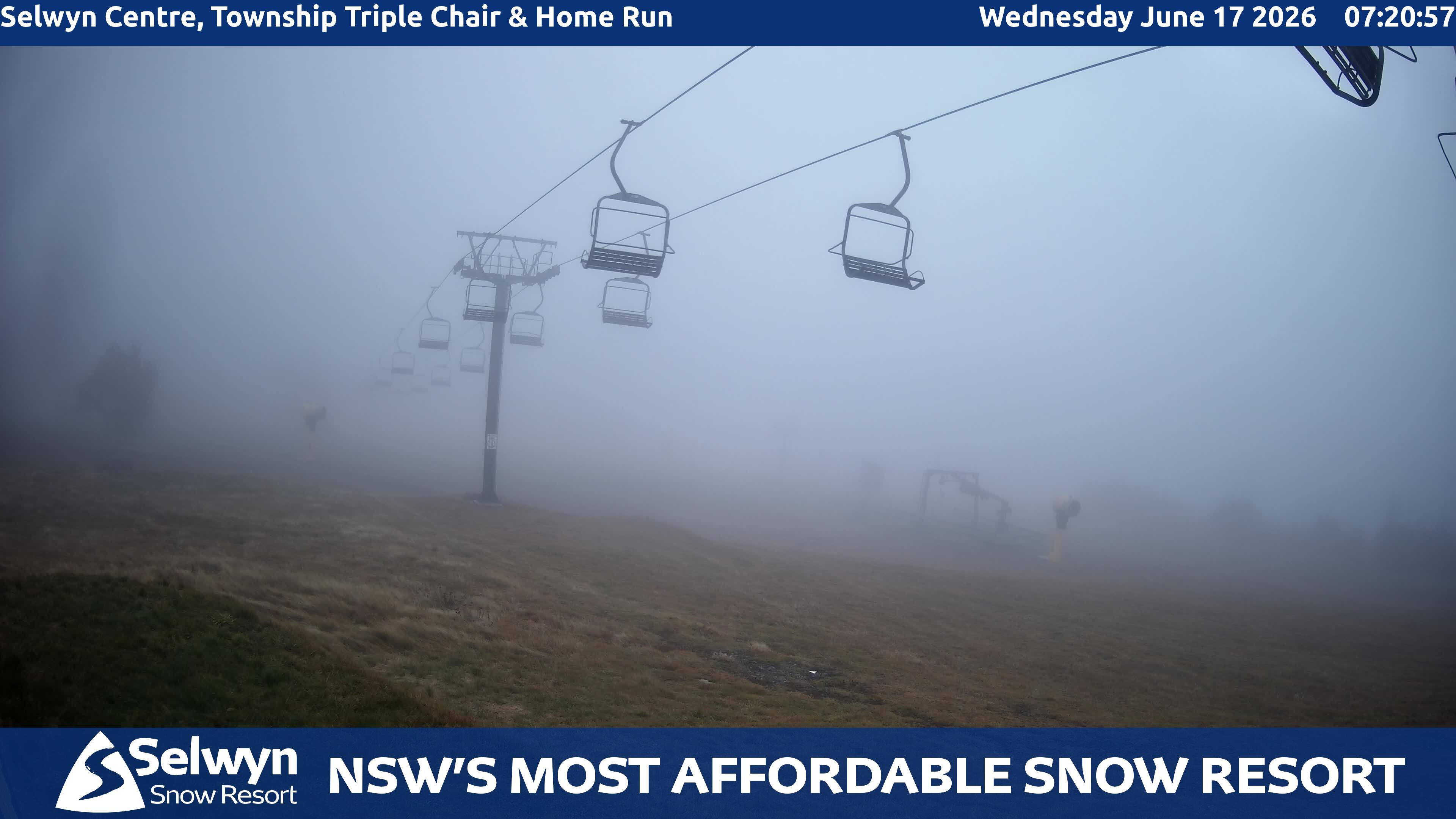 Selwyn Snow Resort Selwyn Centre, Township Triple Chair and Home Run snow cam captured at 16 June 2026, 9:21 pm