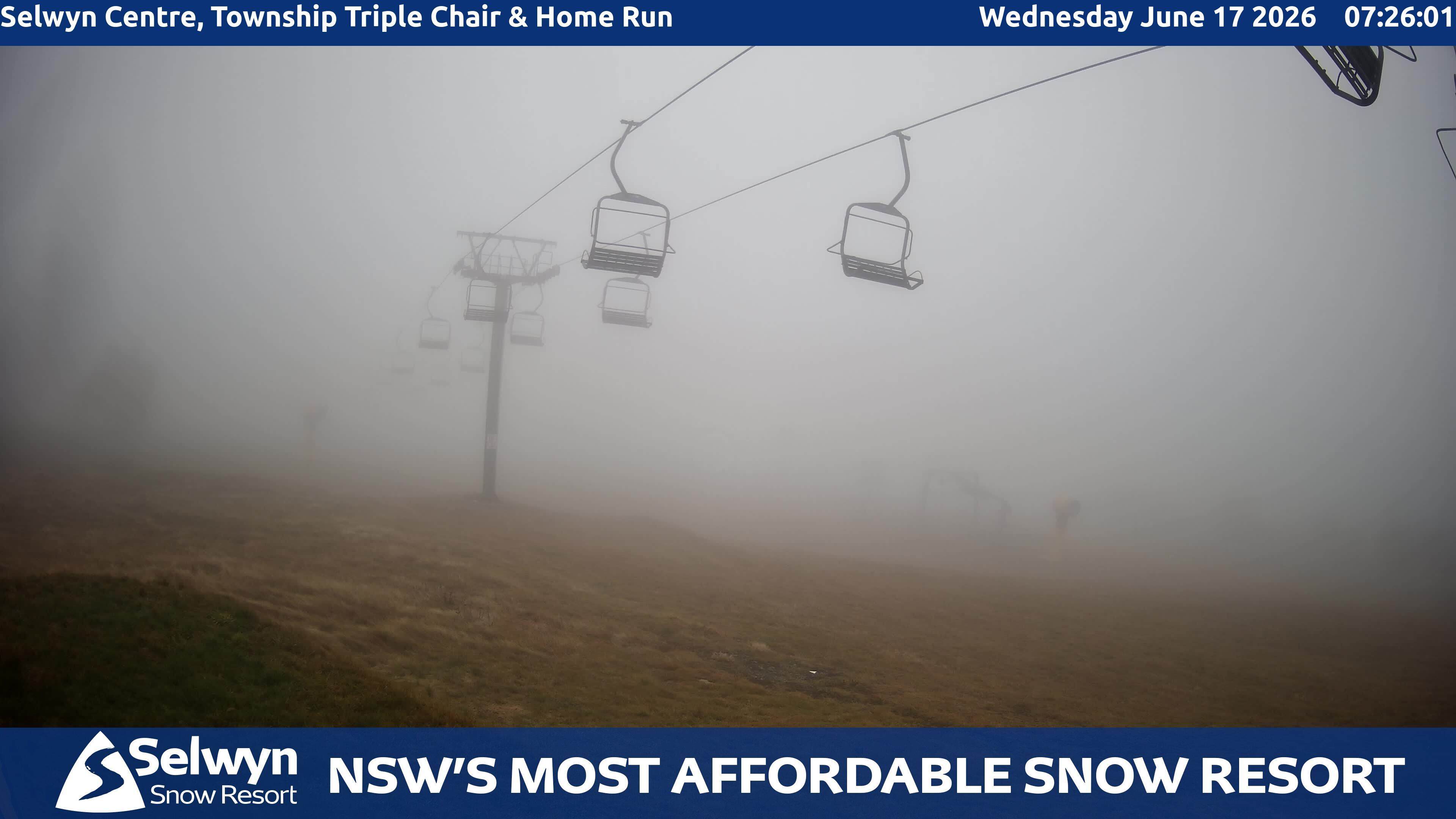 Selwyn Snow Resort Selwyn Centre, Township Triple Chair and Home Run snow cam captured at 16 June 2026, 9:27 pm
