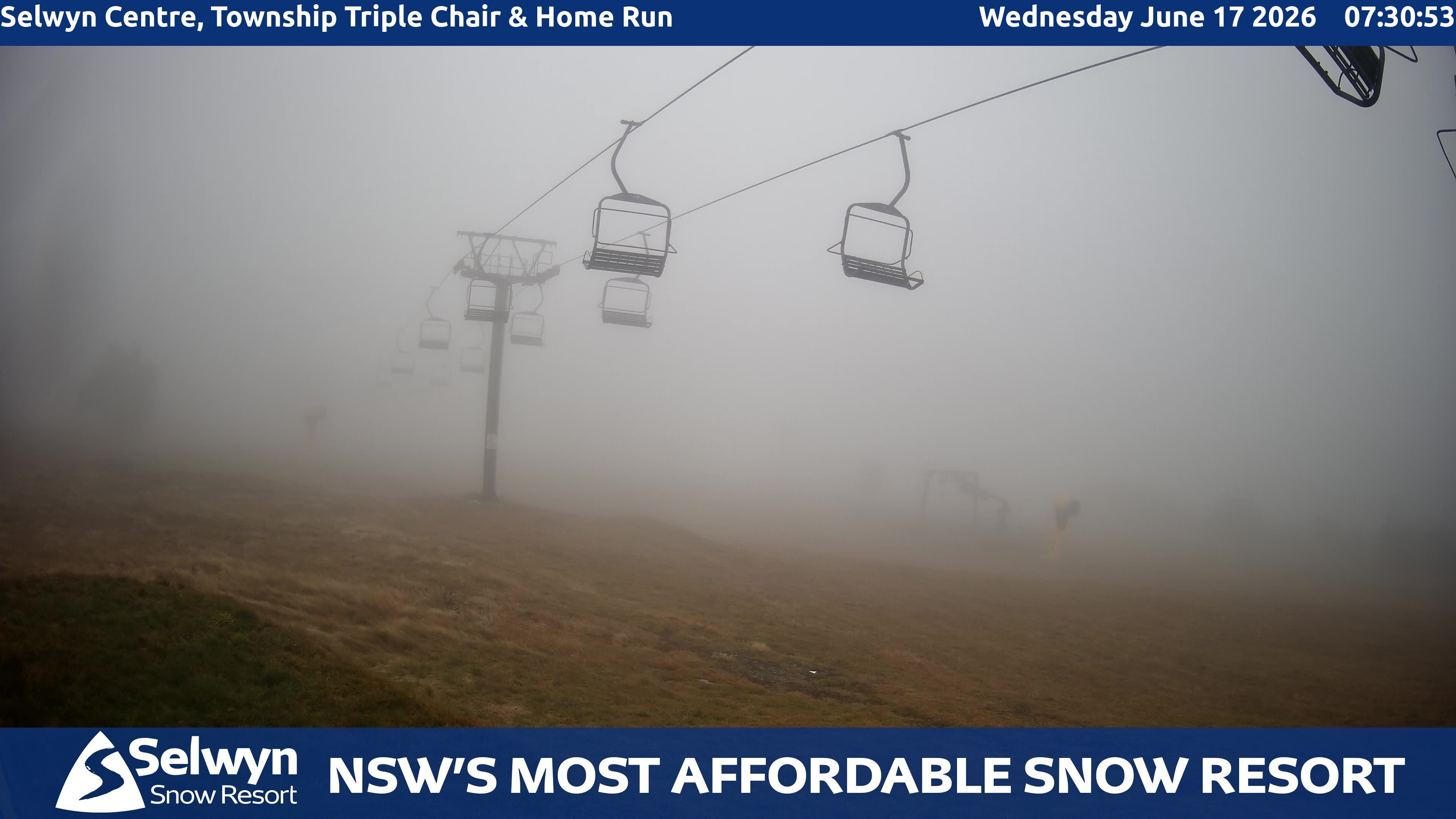Selwyn Snow Resort Selwyn Centre, Township Triple Chair and Home Run snow cam captured at 16 June 2026, 9:33 pm