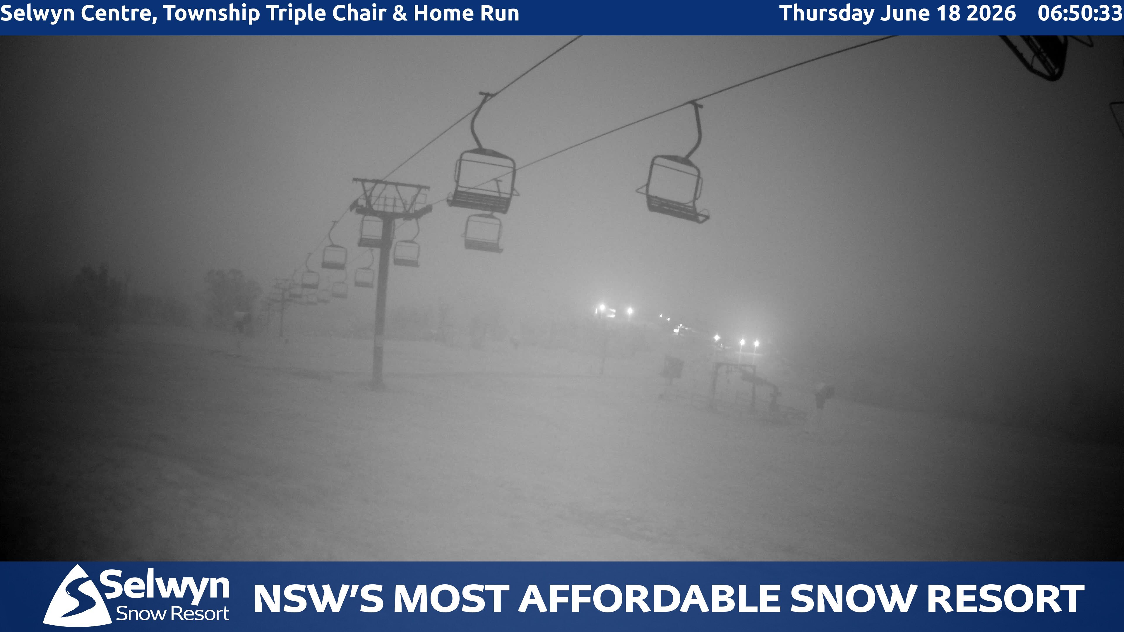 Selwyn Snow Resort Selwyn Centre, Township Triple Chair and Home Run snow cam captured at 17 June 2026, 8:55 pm