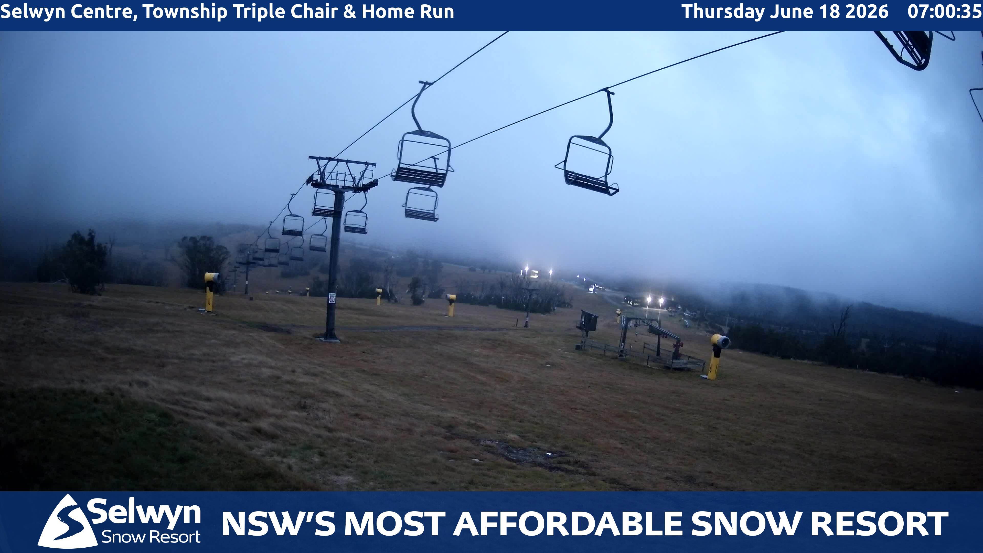 Selwyn Snow Resort Selwyn Centre, Township Triple Chair and Home Run snow cam captured at 17 June 2026, 9:01 pm