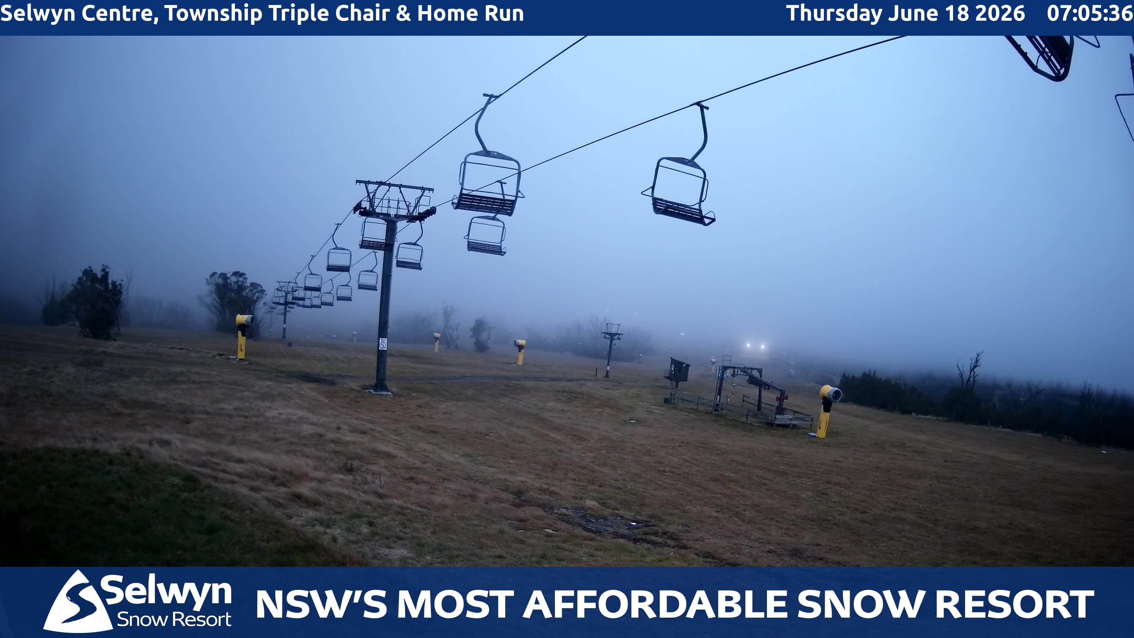 Selwyn Snow Resort Selwyn Centre, Township Triple Chair and Home Run snow cam captured at 17 June 2026, 9:07 pm