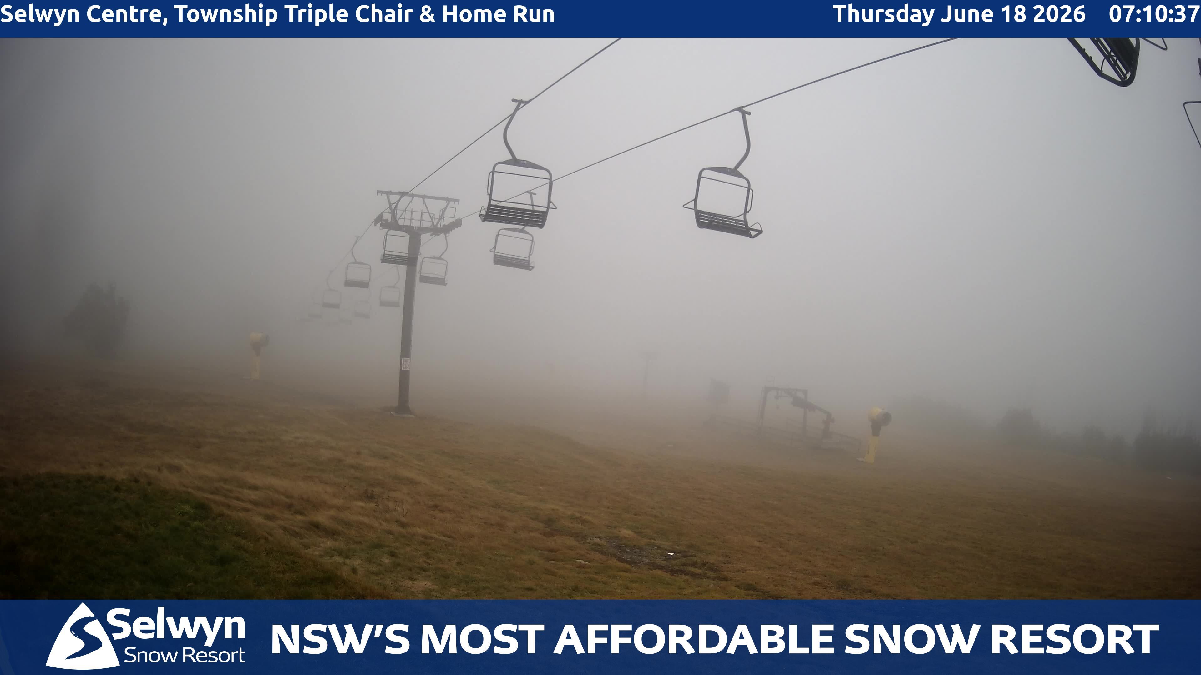 Selwyn Snow Resort Selwyn Centre, Township Triple Chair and Home Run snow cam captured at 17 June 2026, 9:13 pm