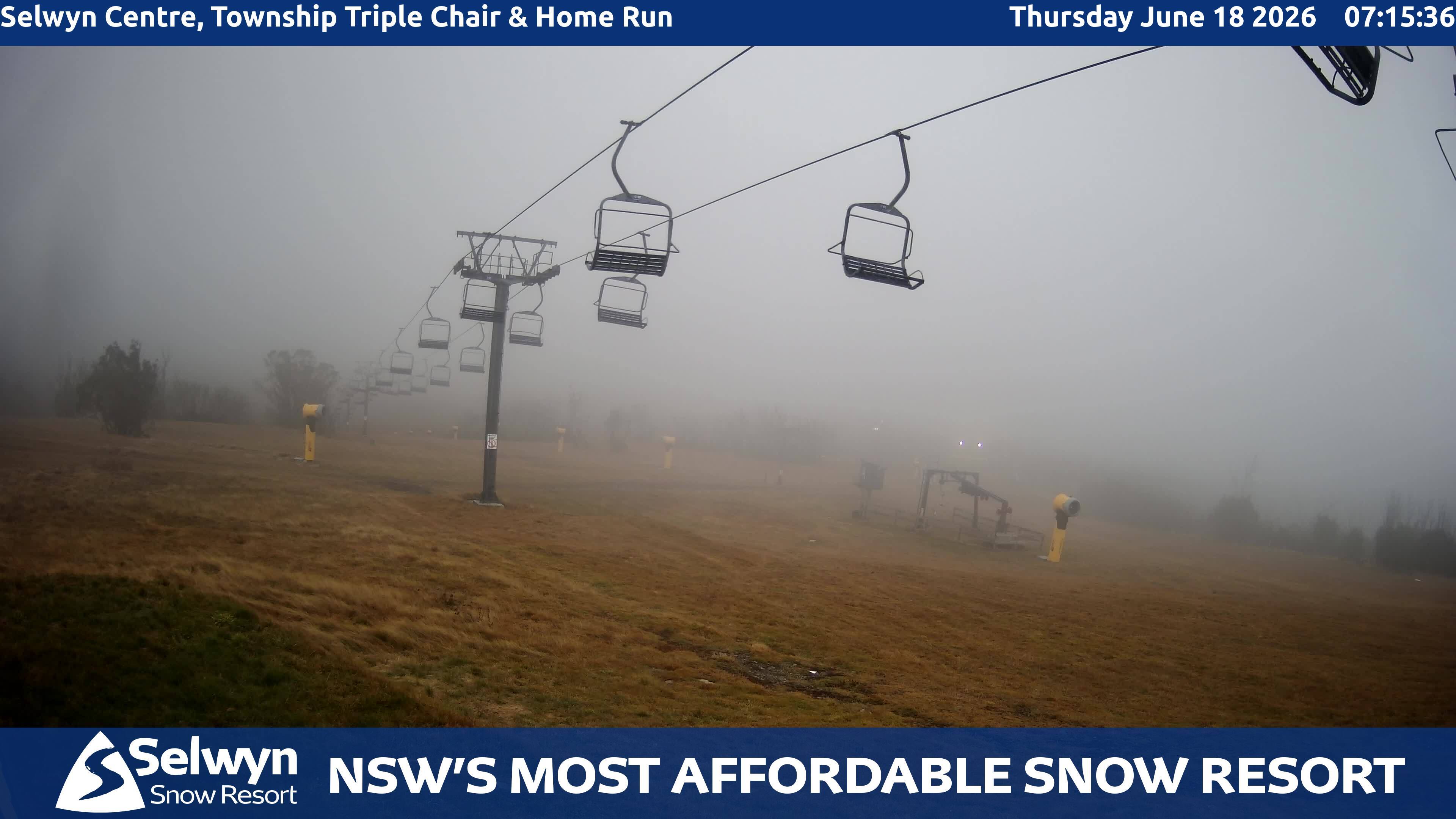 Selwyn Snow Resort Selwyn Centre, Township Triple Chair and Home Run snow cam captured at 17 June 2026, 9:19 pm