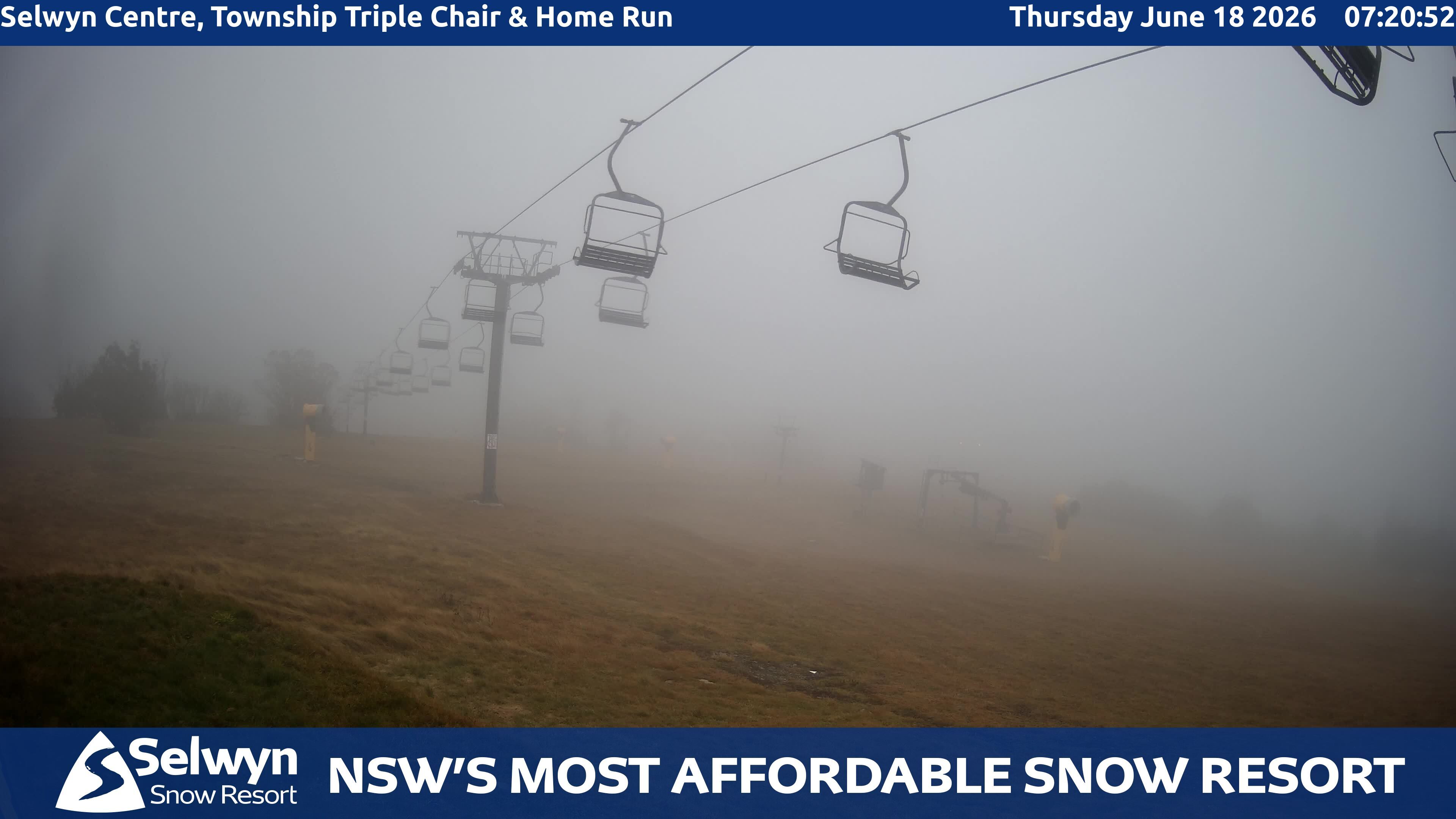 Selwyn Snow Resort Selwyn Centre, Township Triple Chair and Home Run snow cam captured at 17 June 2026, 9:25 pm