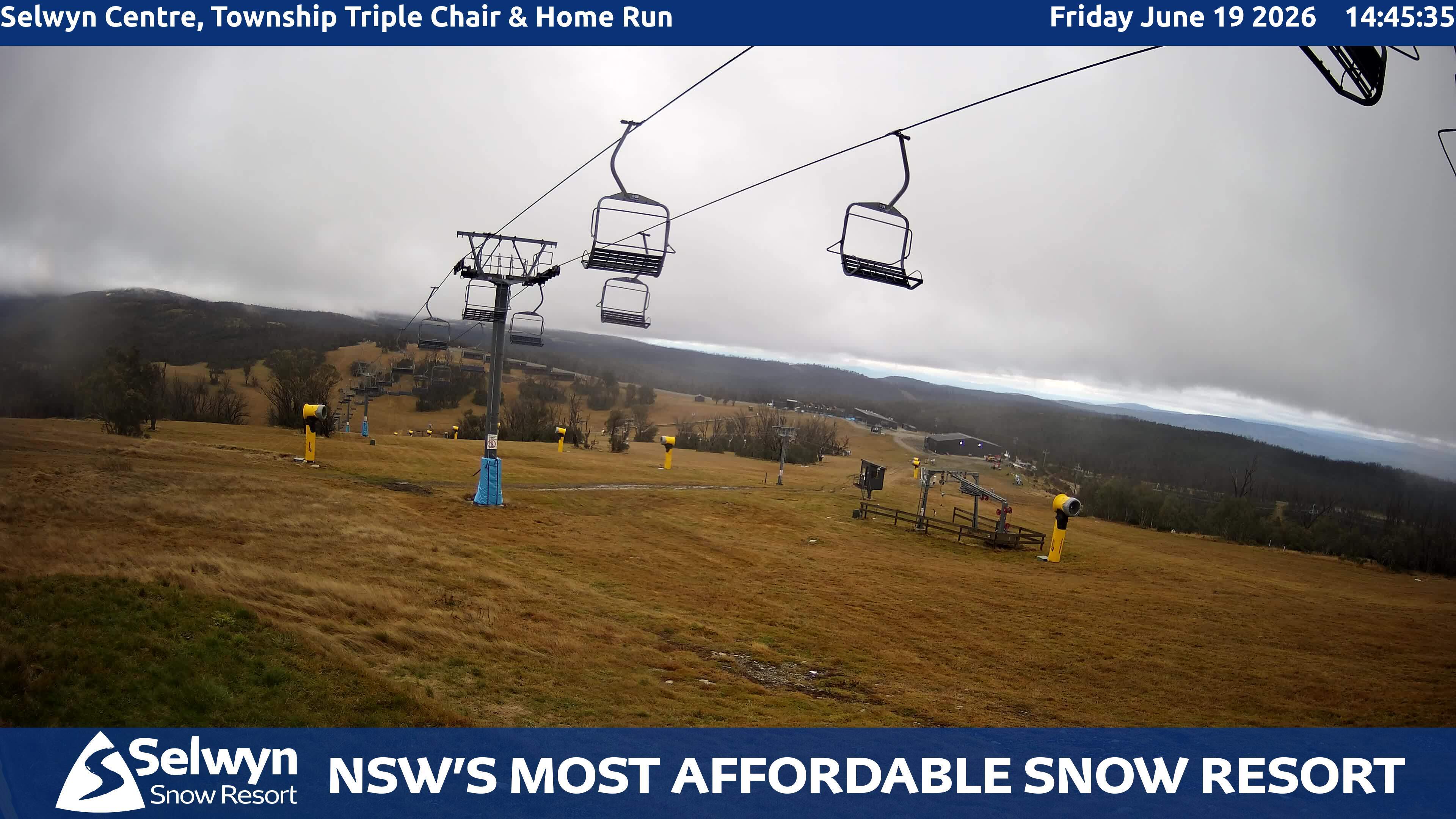 Selwyn Snow Resort Selwyn Centre, Township Triple Chair and Home Run snow cam captured at 19 June 2026, 4:45 am