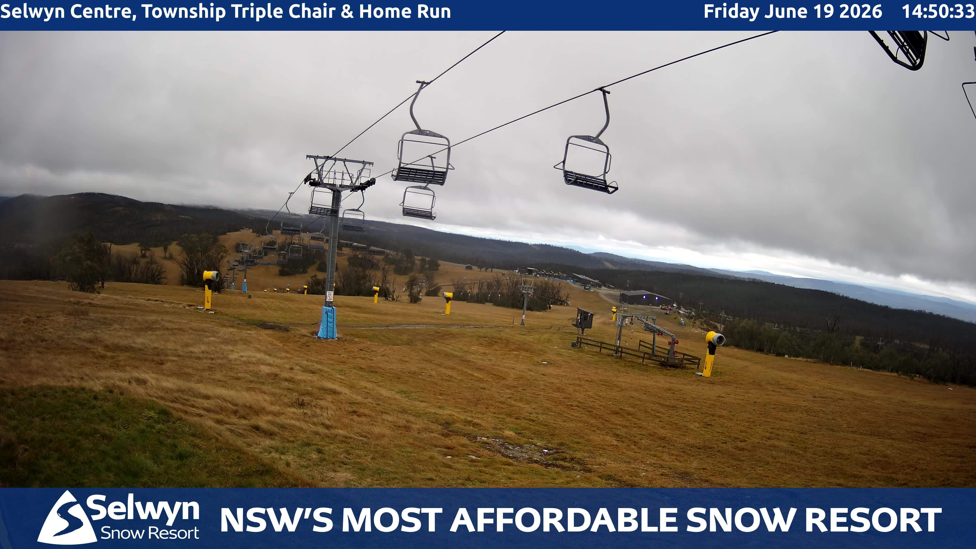 Selwyn Snow Resort Selwyn Centre, Township Triple Chair and Home Run snow cam captured at 19 June 2026, 4:51 am